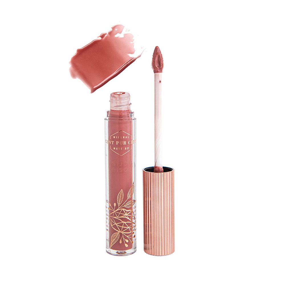 Lipgloss tube, applicator en kleurmonster. Tube met roségouden dop. Applicator zichtbaar.
