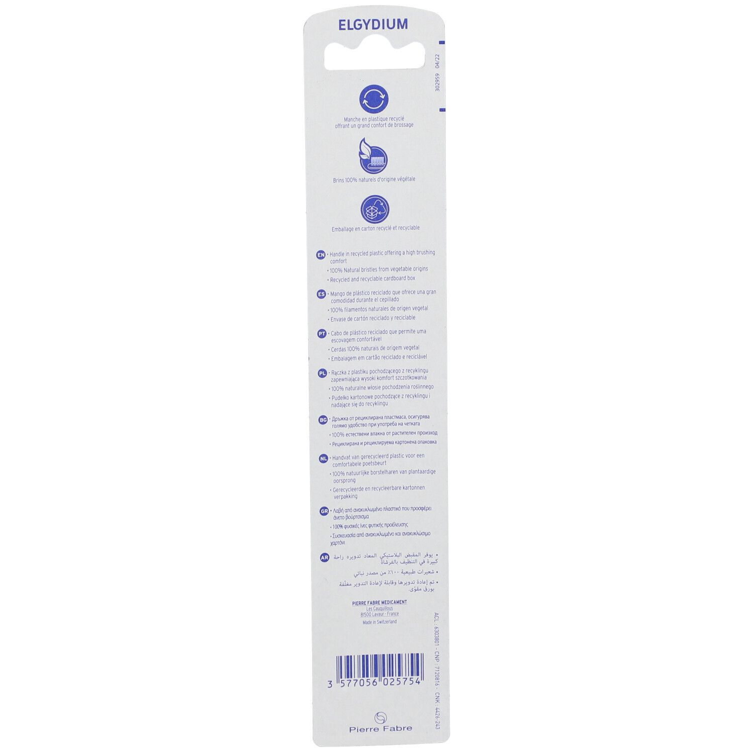 Rückseite der Blisterverpackung. Text in mehreren Sprachen. Enthält Informationen über das Produkt und die Marke.