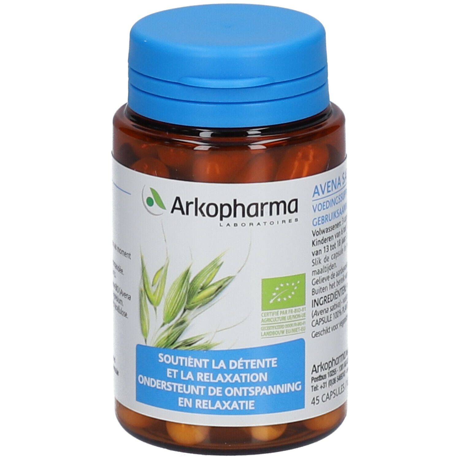 Flacon brun à bouchon bleu contenant des gélules. Étiquette avec informations produit et logo Arkopharma. Certification bio.