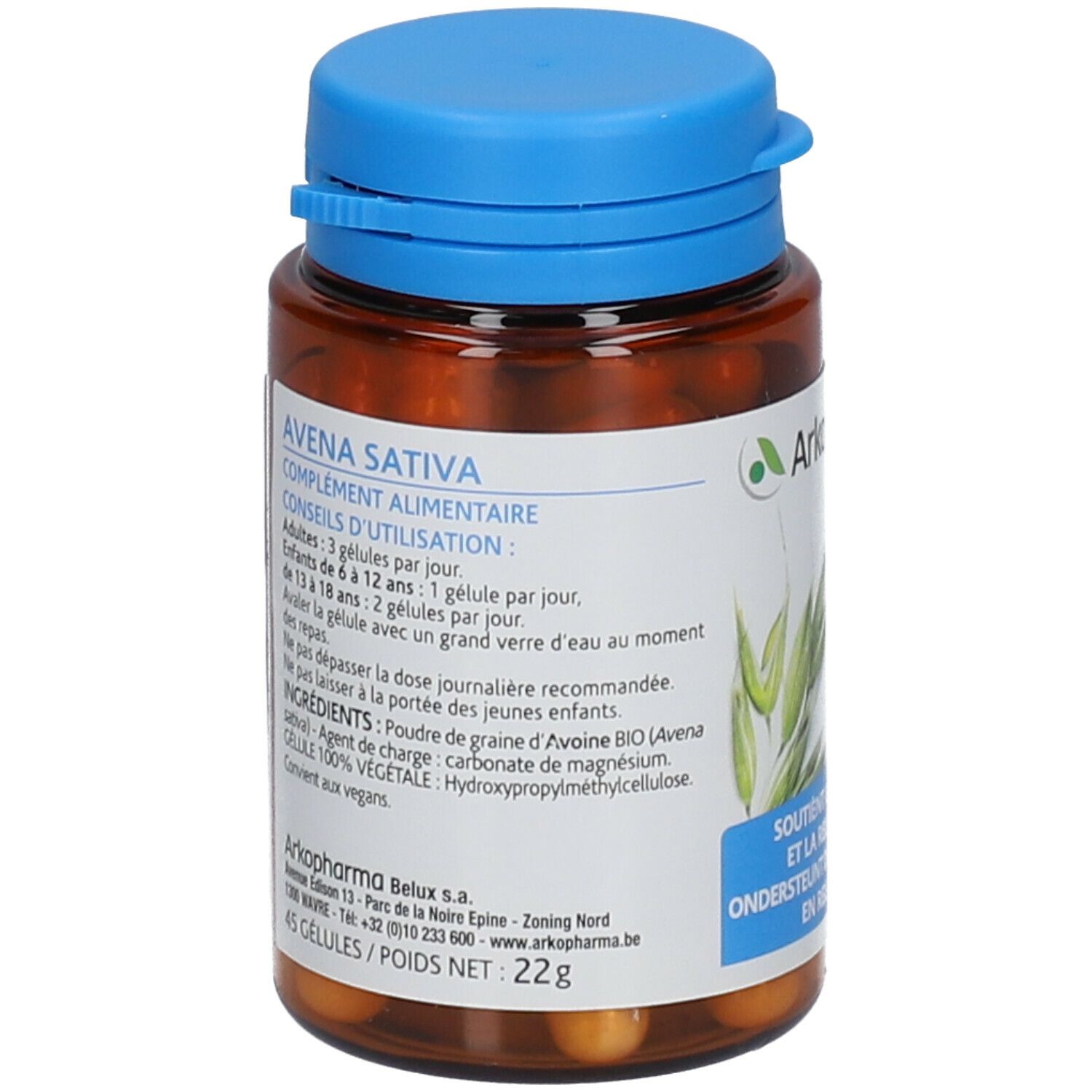 Flacon brun à bouchon bleu contenant des gélules. Étiquette avec informations produit et logo Arkopharma. Certification bio.