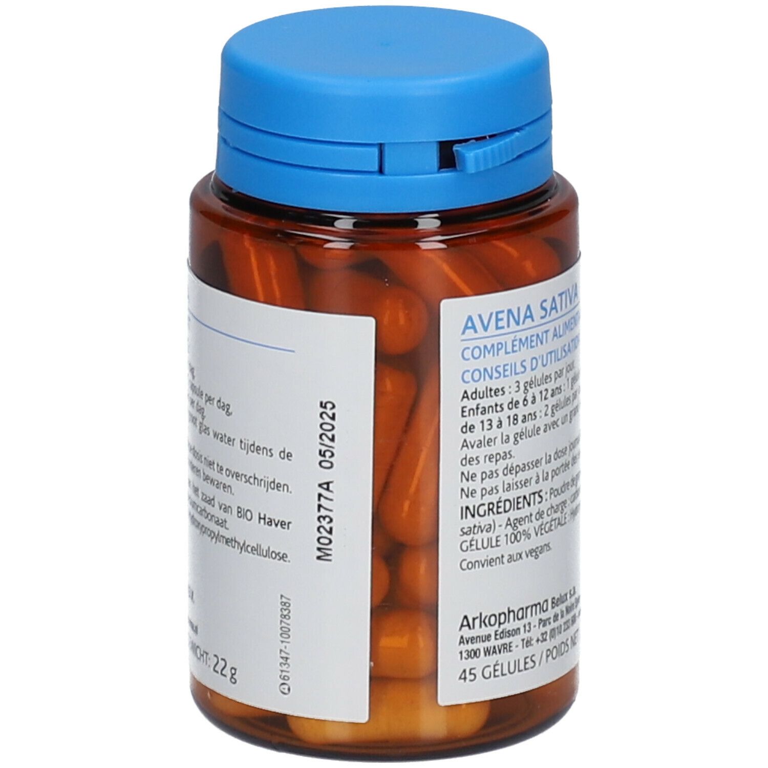 Flacon brun à bouchon bleu contenant des gélules. Étiquette avec informations produit et logo Arkopharma. Certification bio.