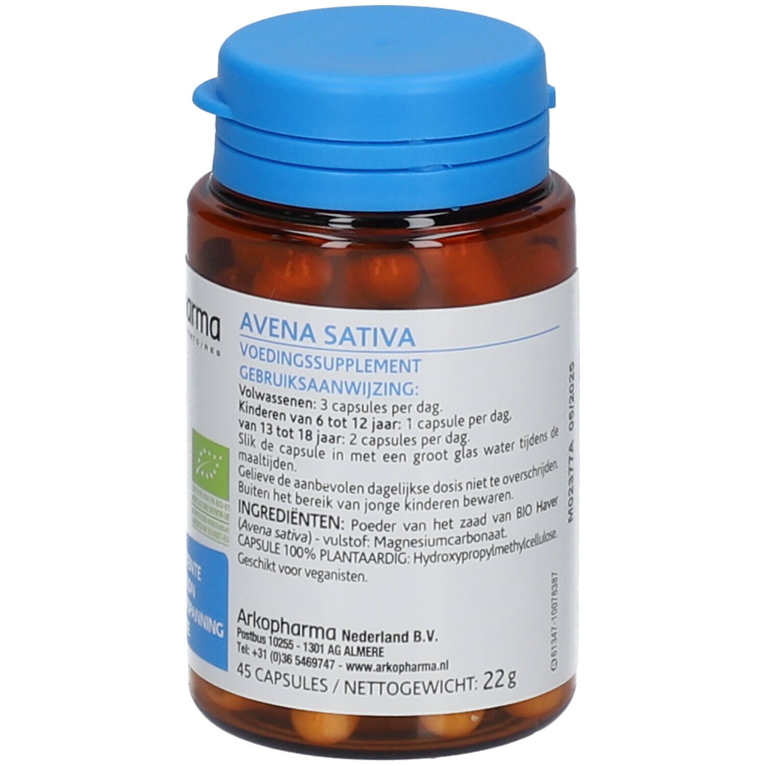 Flacon brun à bouchon bleu contenant des gélules. Étiquette avec informations produit et logo Arkopharma. Certification bio.