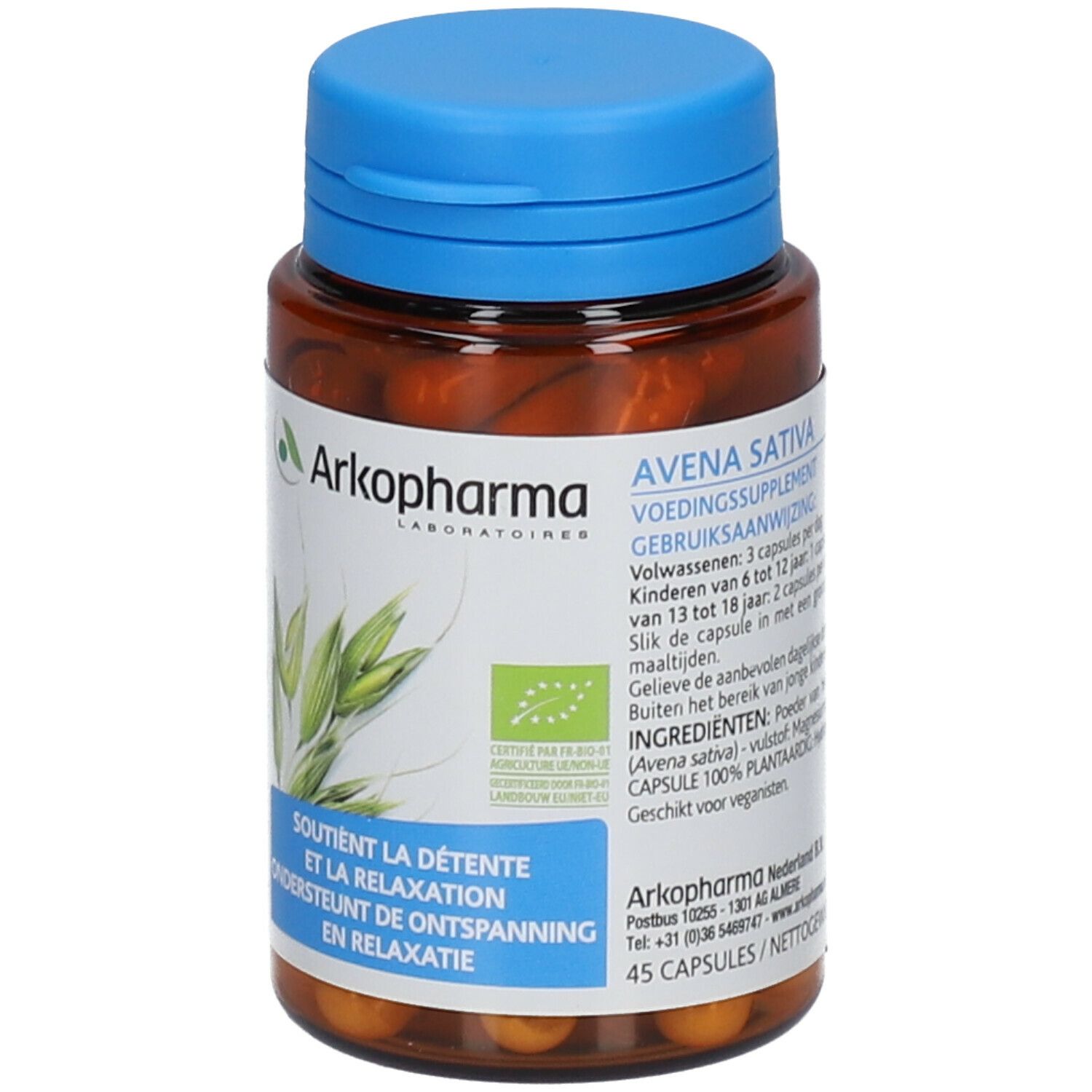 Flacon brun à bouchon bleu contenant des gélules. Étiquette avec informations produit et logo Arkopharma. Certification bio.