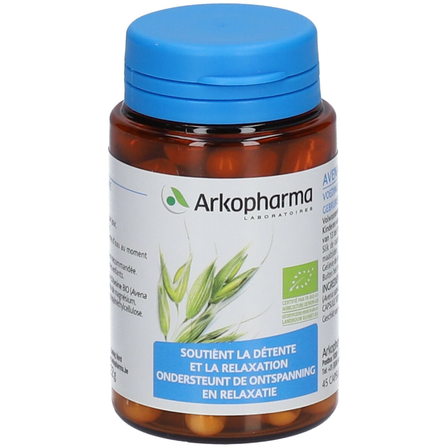 Flacon brun à bouchon bleu contenant des gélules. Étiquette avec informations produit et logo Arkopharma. Certification bio.