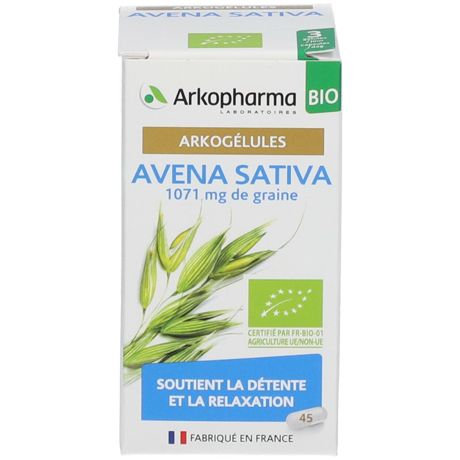Emballage carton avec logo, nom du produit et certification bio. Contient 45 gélules. Fabriqué en France.