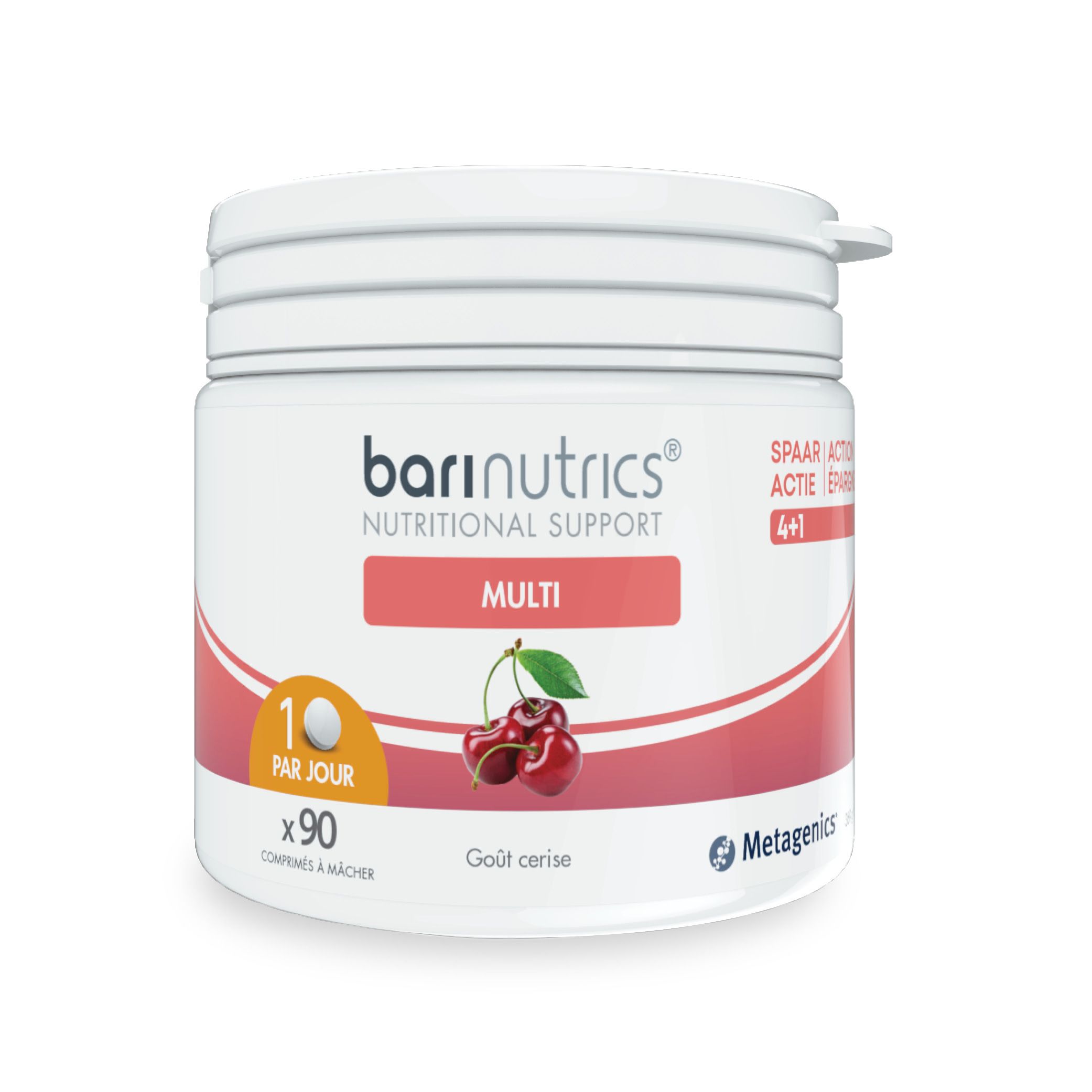 Pot blanc avec bande rouge. Inscription BariNutrics Multi. Image de cerises. 90 comprimés.