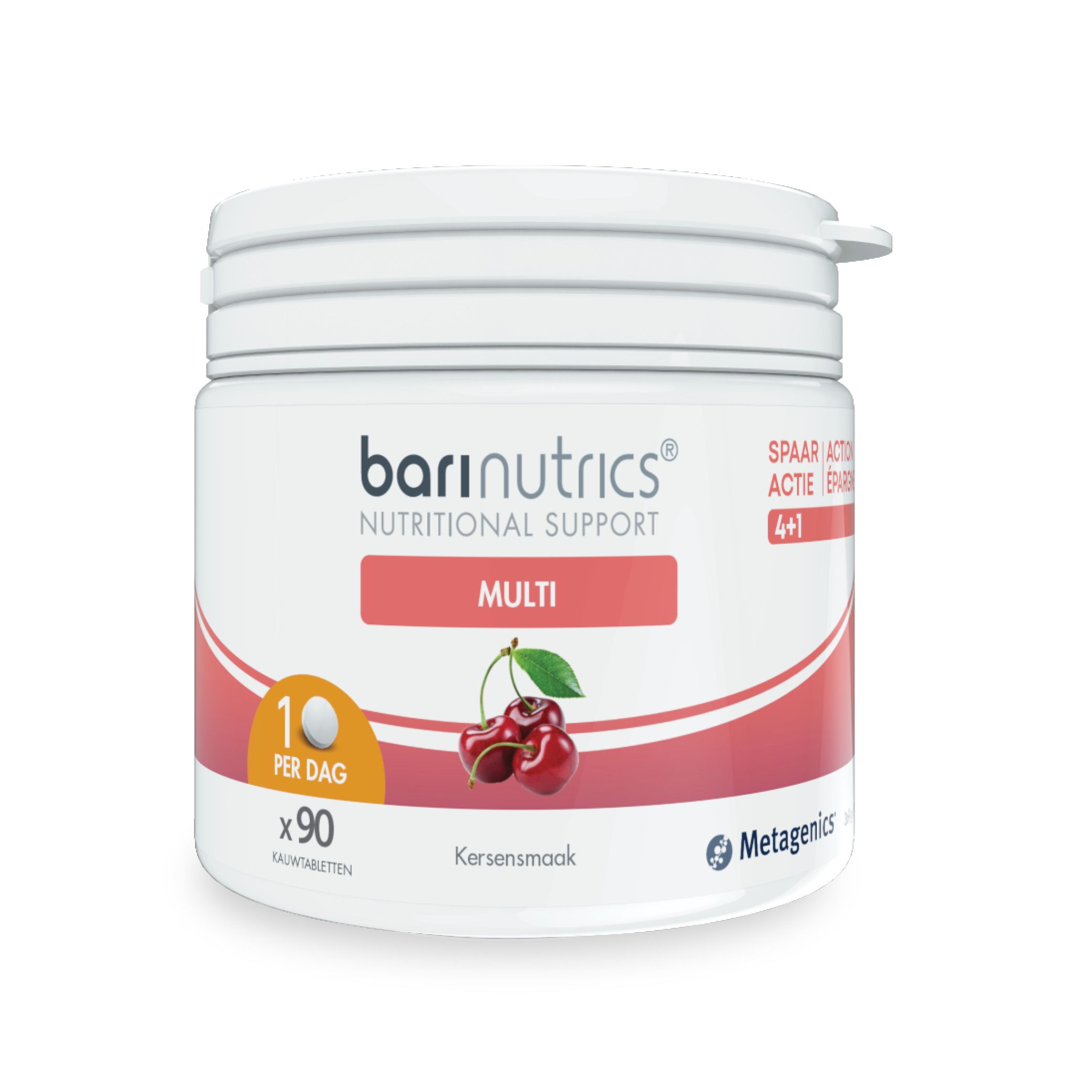 Reclamebeeld. BariNutrics Multi. Tekst: De meest geschikte multivitamine na een maagverkleining. Logo's.