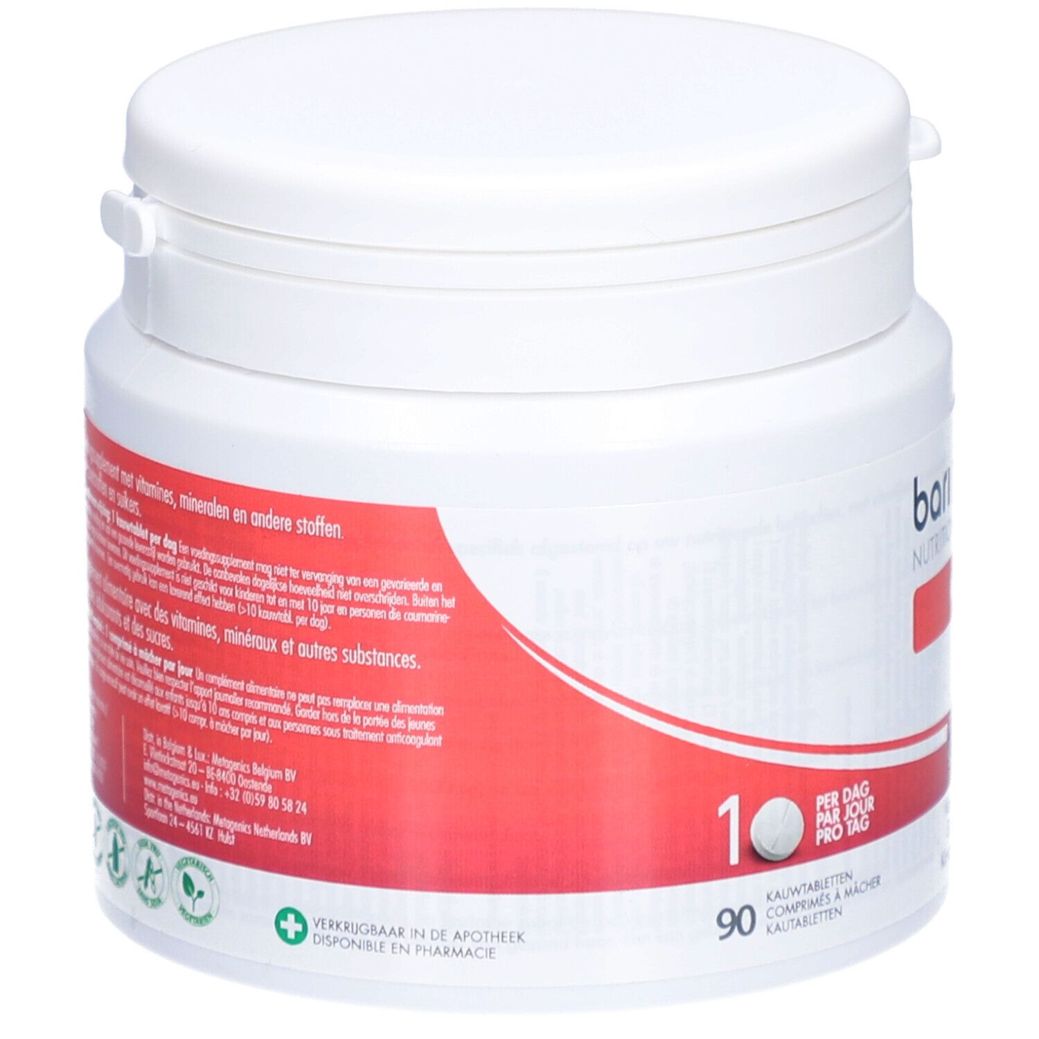 Dos du pot blanc cylindrique. Bande rouge avec texte. Logos verts. 90 comprimés à mâcher.