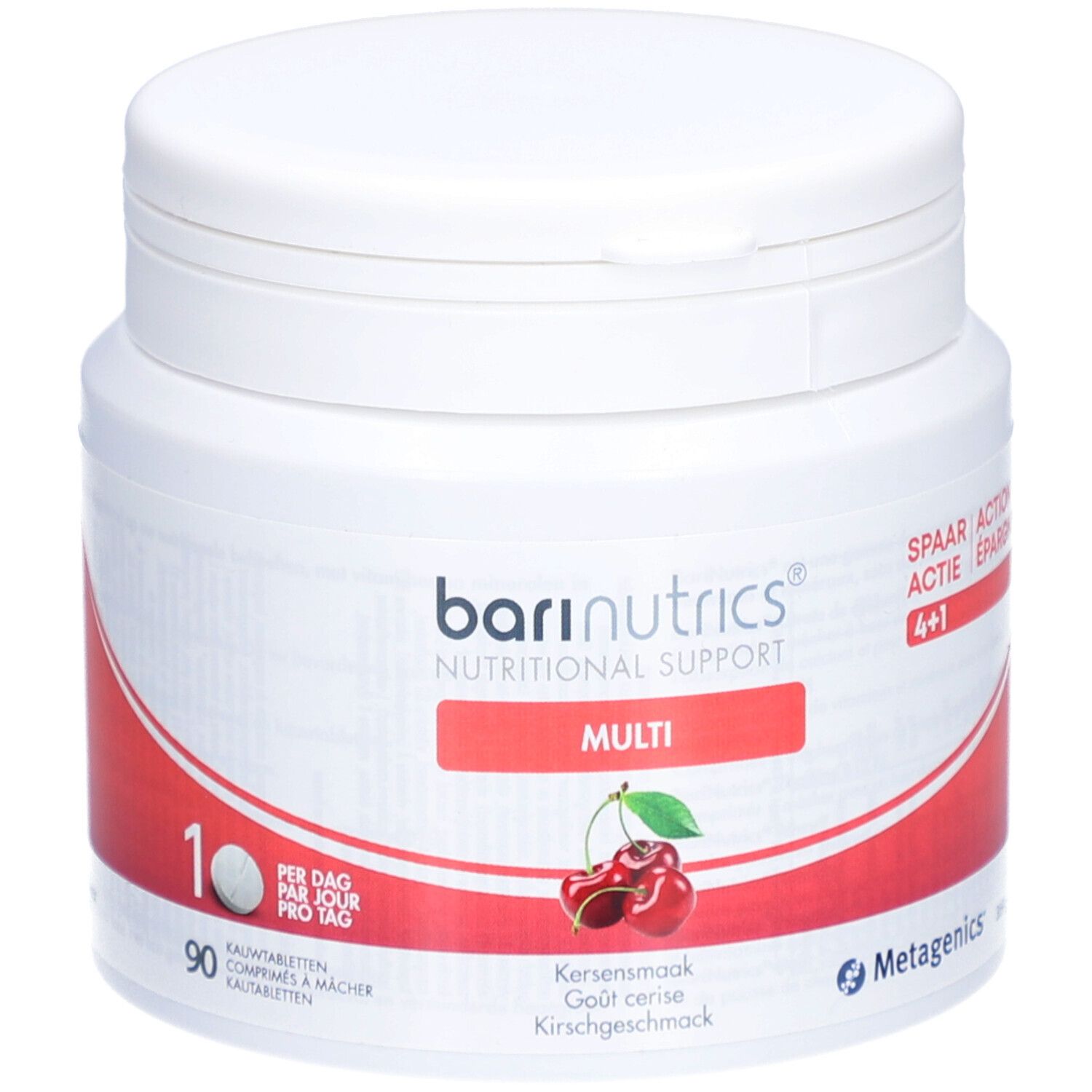 Pot blanc avec bande rouge. Inscription BariNutrics Multi. Image de cerises. 90 comprimés.