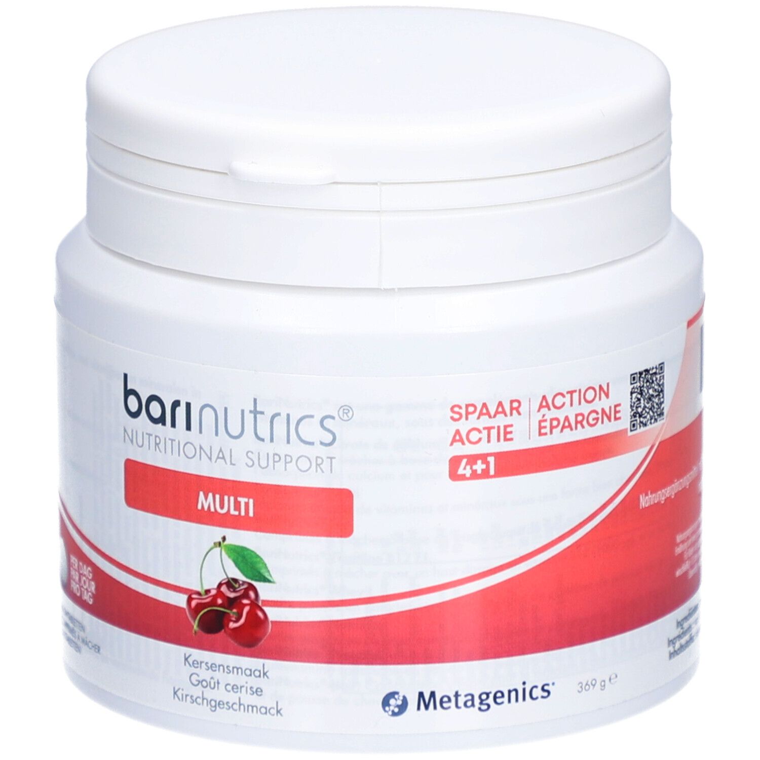 Pot blanc avec bande rouge. Inscription BariNutrics Multi. Image de cerises. 369g.