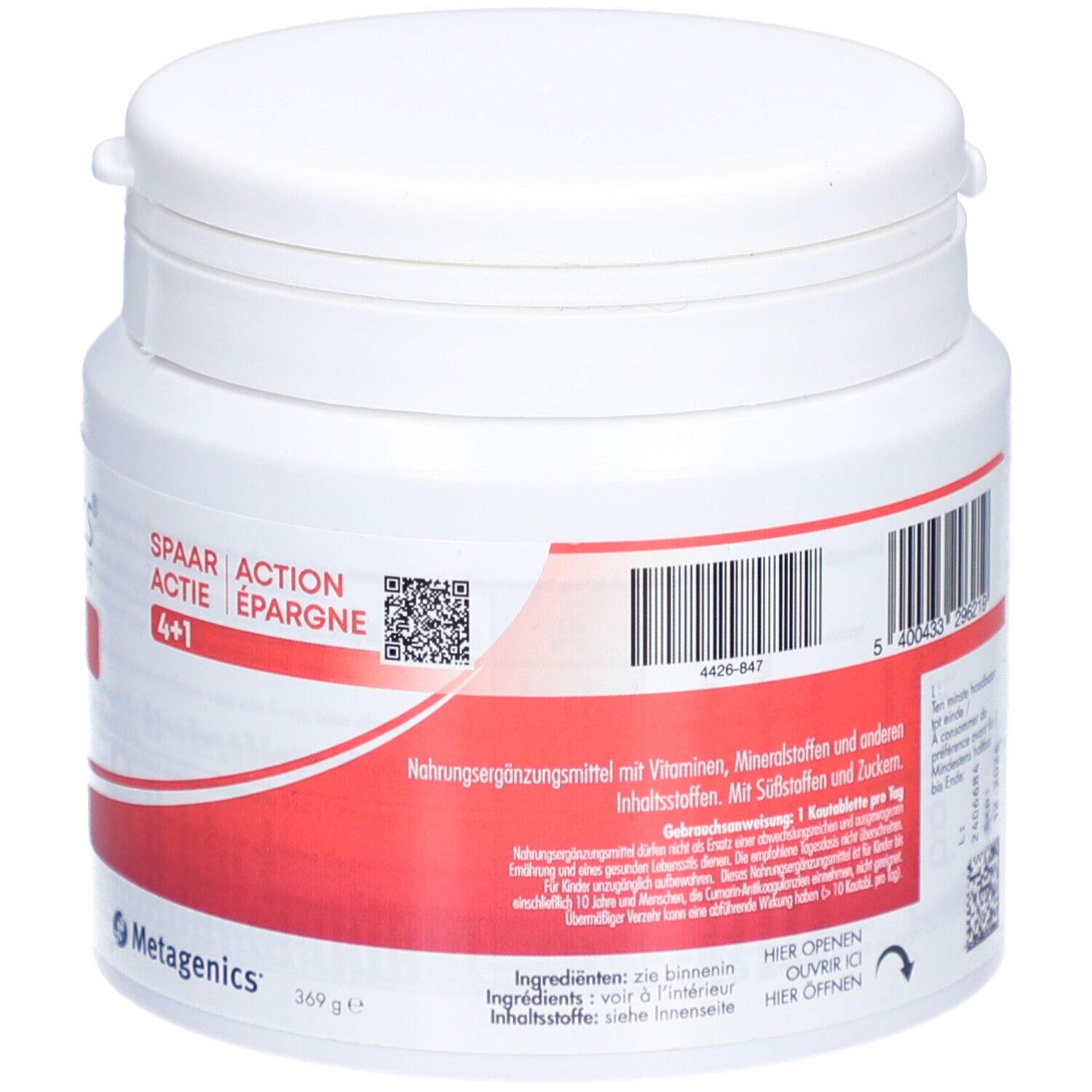 Dos du pot blanc cylindrique. Bande rouge avec texte. 369g. Code-barres.