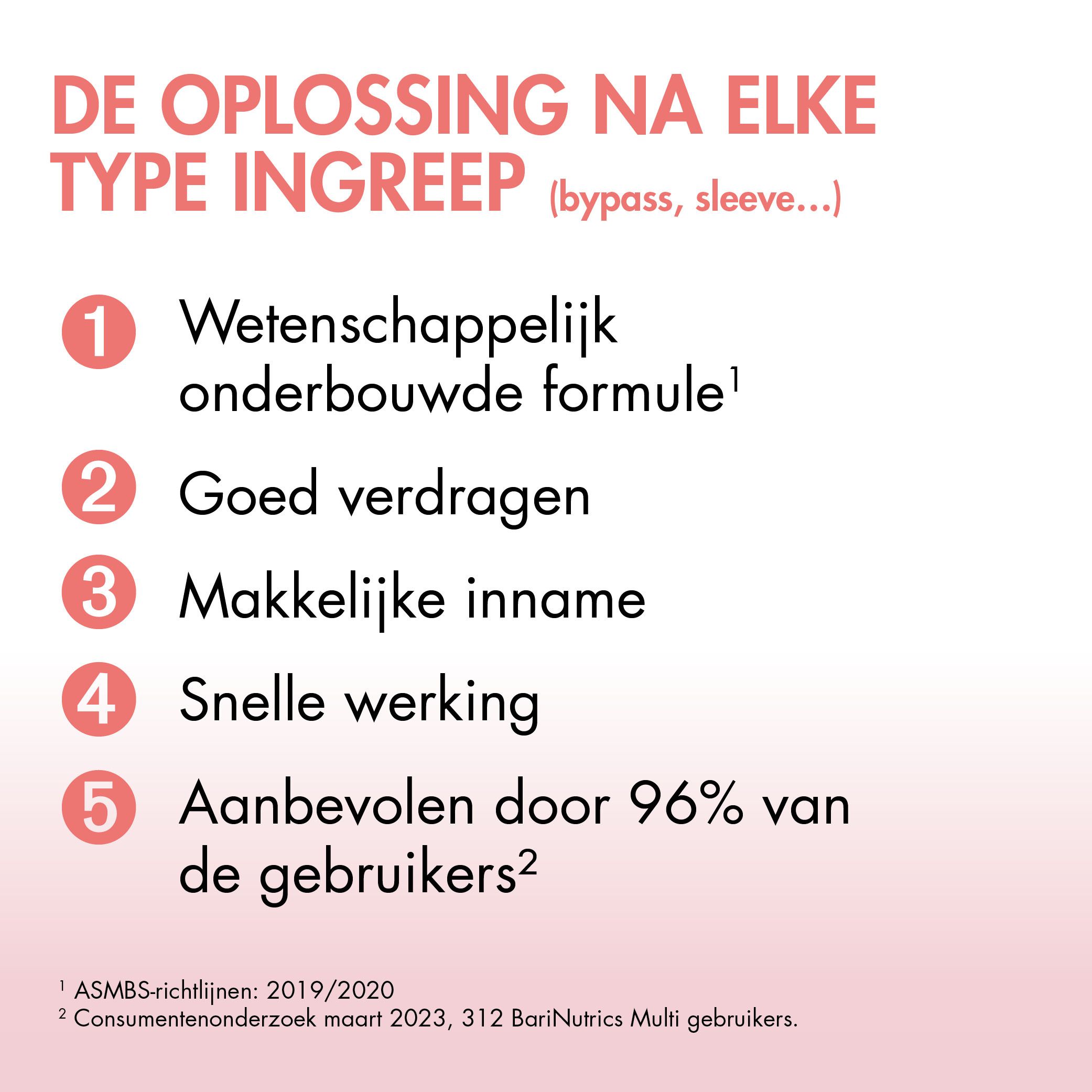 Reclamebeeld. BariNutrics Multi. 1 kauwtablet/dag. Kersen en productafbeelding. Blauwe pijl.
