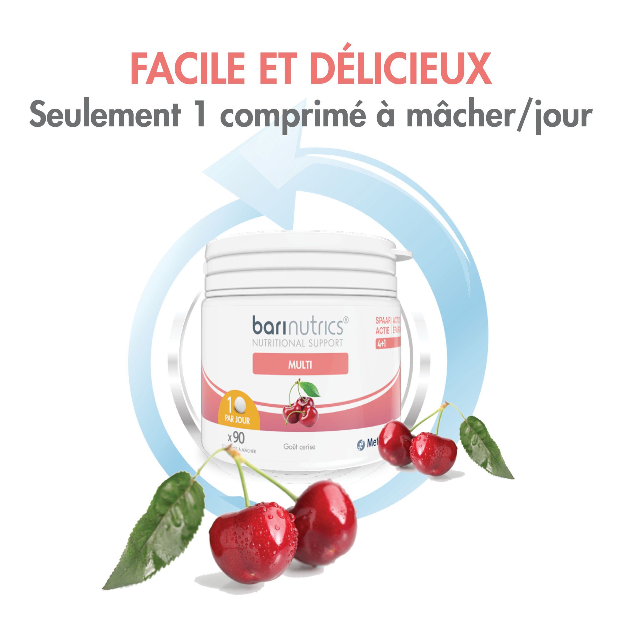 Visuel publicitaire. BariNutrics Multi. 1 comprimé à mâcher/jour. Cerises et image du produit. Flèche bleue.