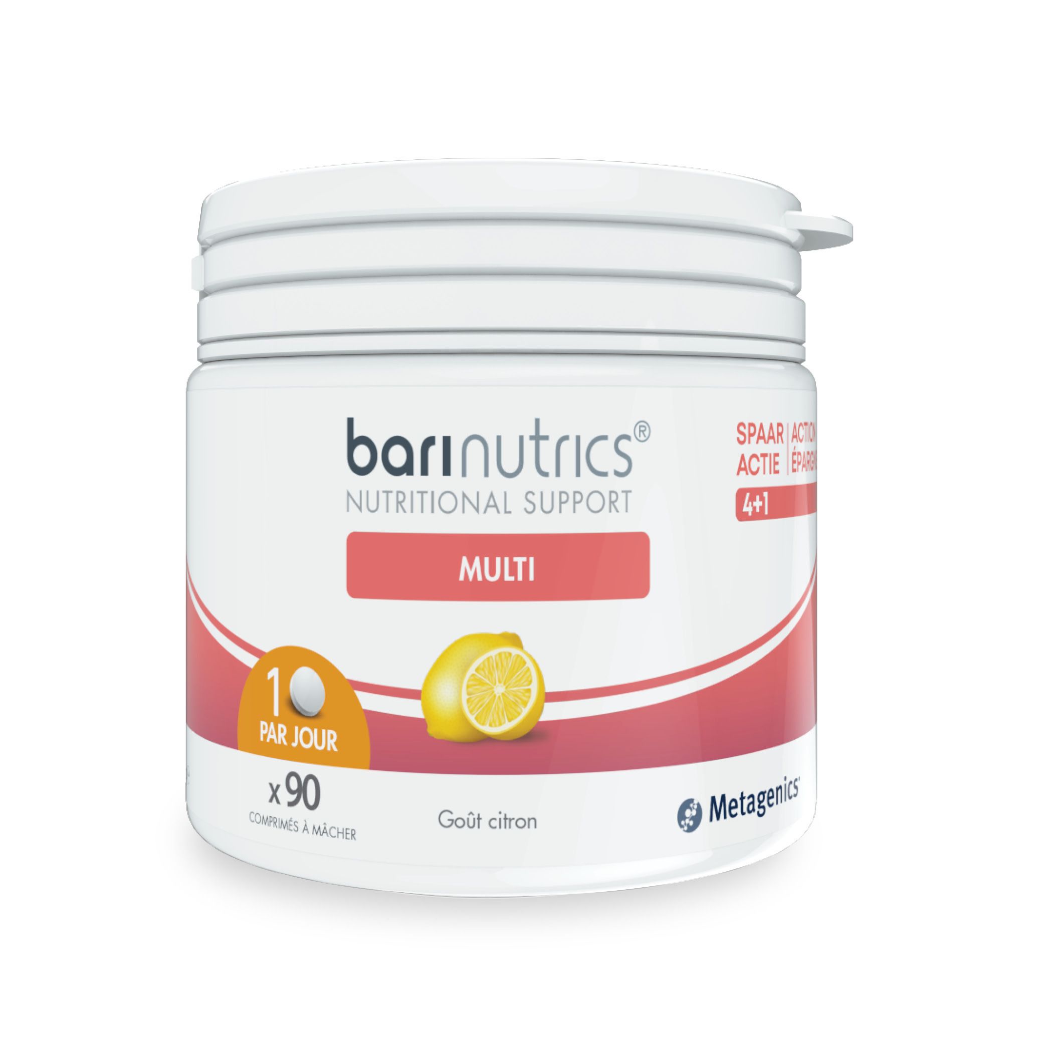 Pot blanc BariNutrics Multi. Citron et 90 comprimés. Goût citron. Soutien nutritionnel. Avec Metagenics.