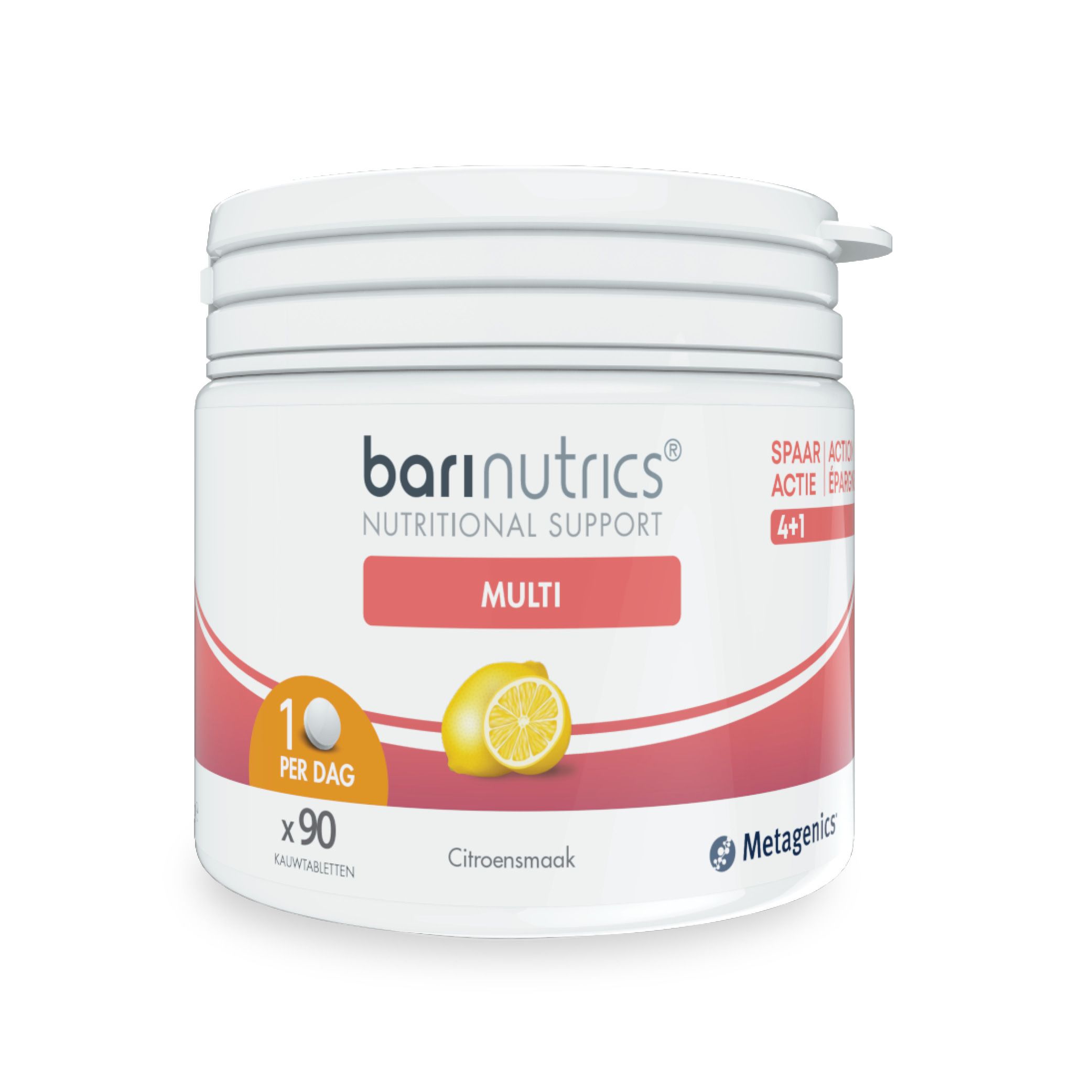 BariNutrics Multi. Multivitamine. Energie en immuniteit. Afbeelding met sporter en schild.