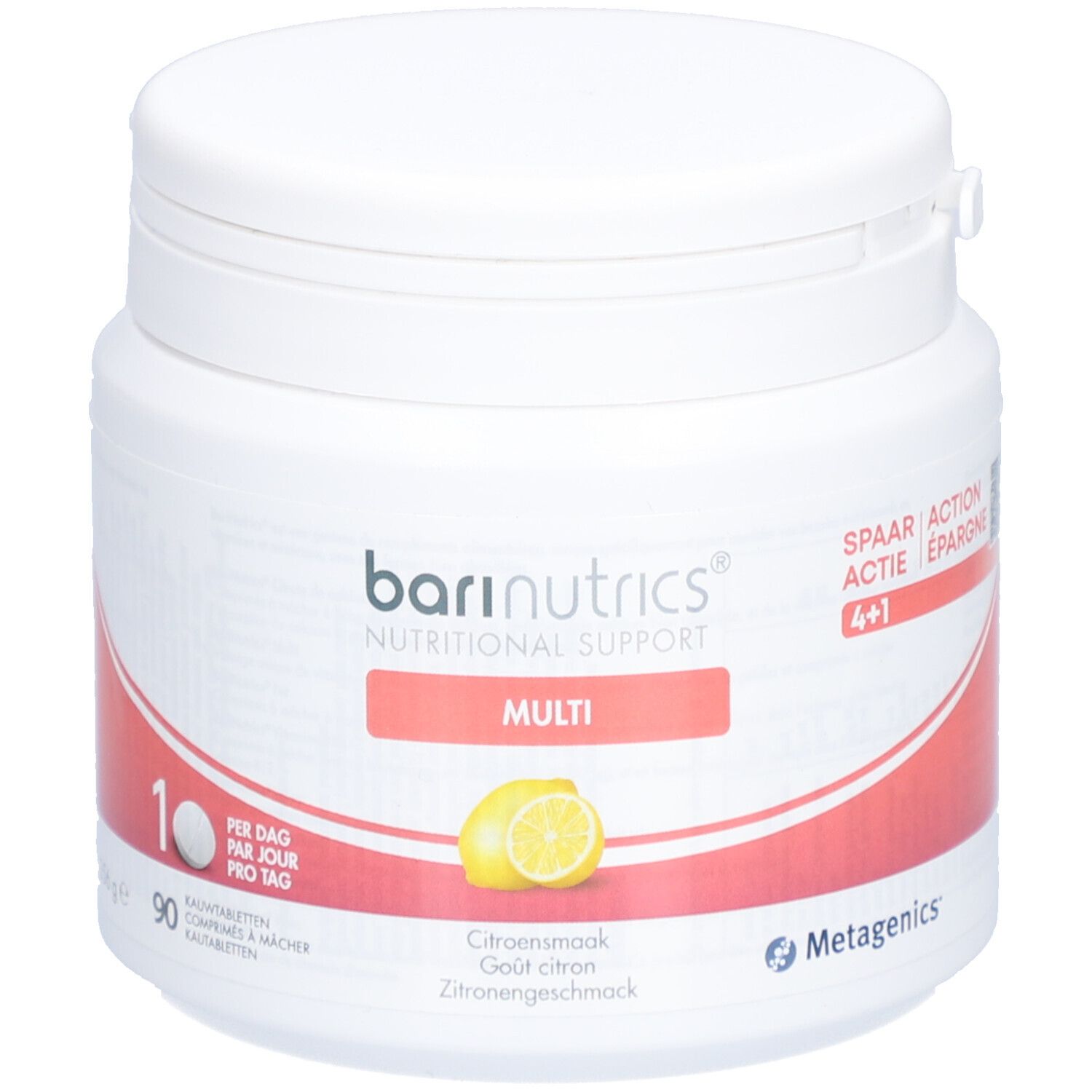 Pot blanc BariNutrics Multi. Citron et 90 comprimés. Goût citron. Soutien nutritionnel. Avec Metagenics.
