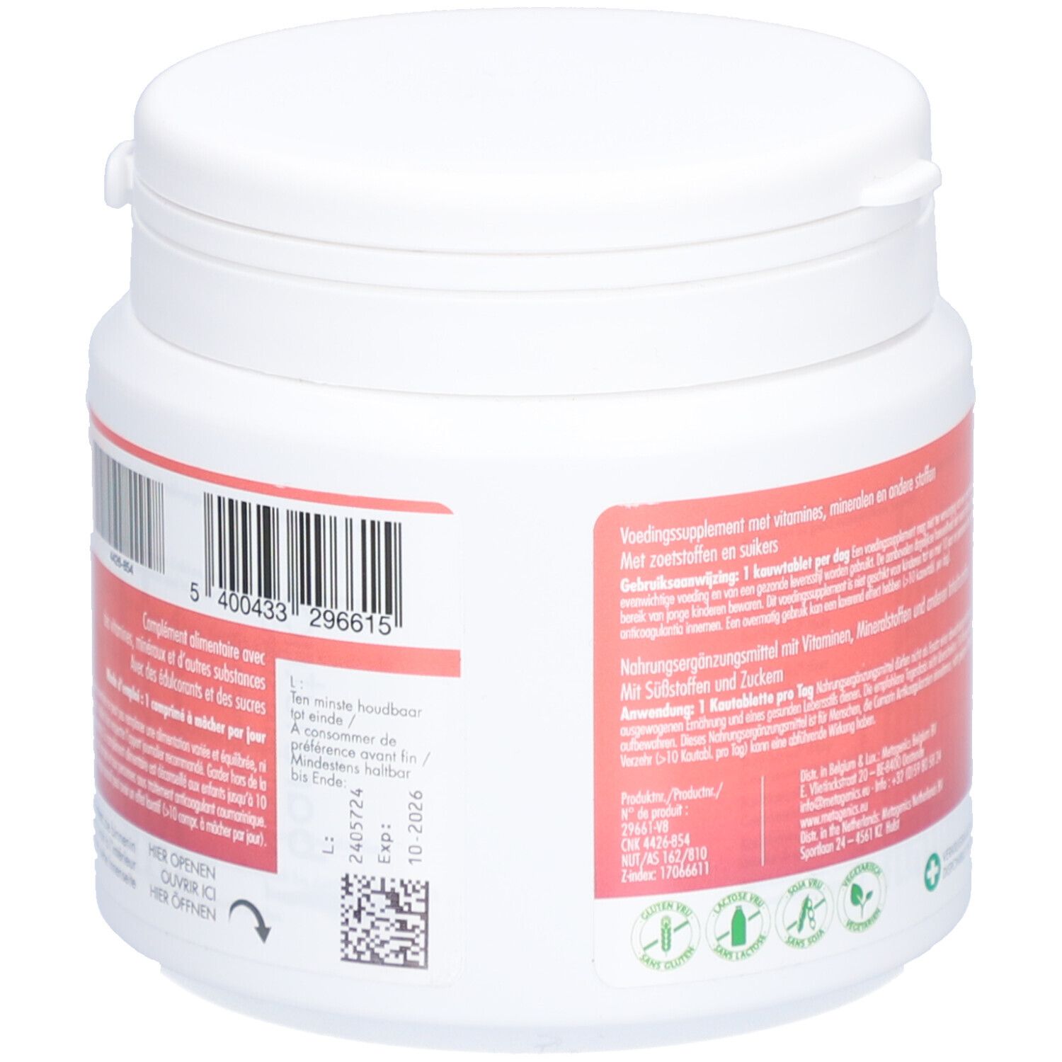 Dos du pot blanc. Code-barres et informations. 90 comprimés. Avec Metagenics. Support nutritionnel.