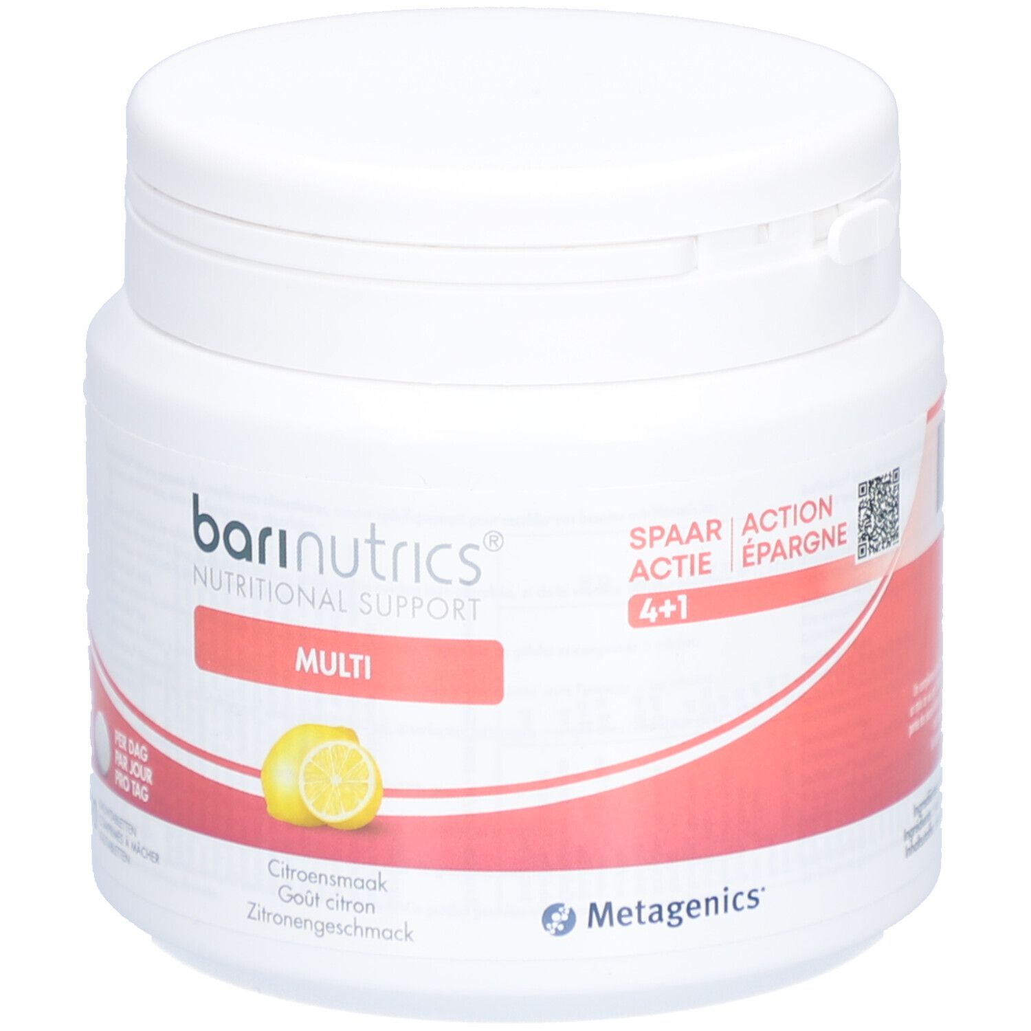 Pot blanc BariNutrics Multi. Citron et 90 comprimés. Goût citron. Soutien nutritionnel. Avec Metagenics.
