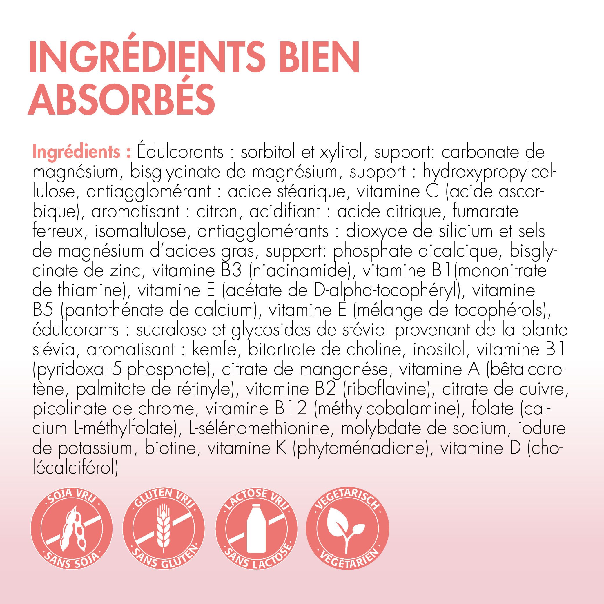 Ingrédients. Liste des ingrédients. Sans soja, gluten et lactose. Végétarien.