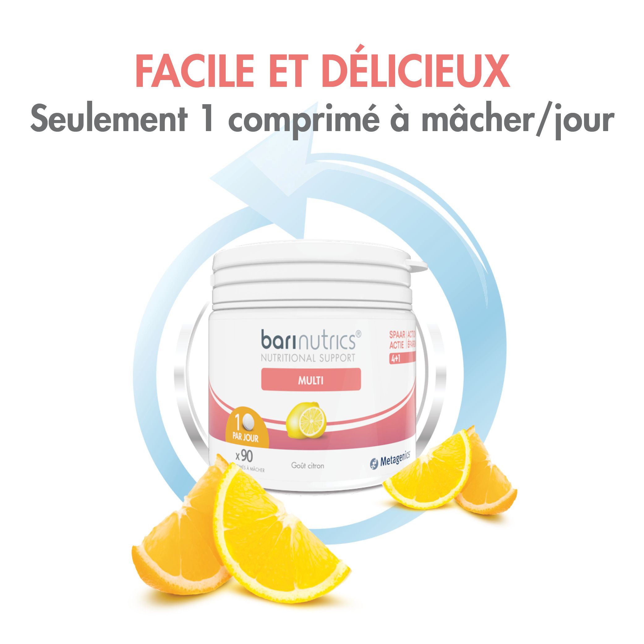 BariNutrics Multi. Produit au citron. 90 comprimés. 1 comprimé à mâcher/jour. Avec Metagenics.