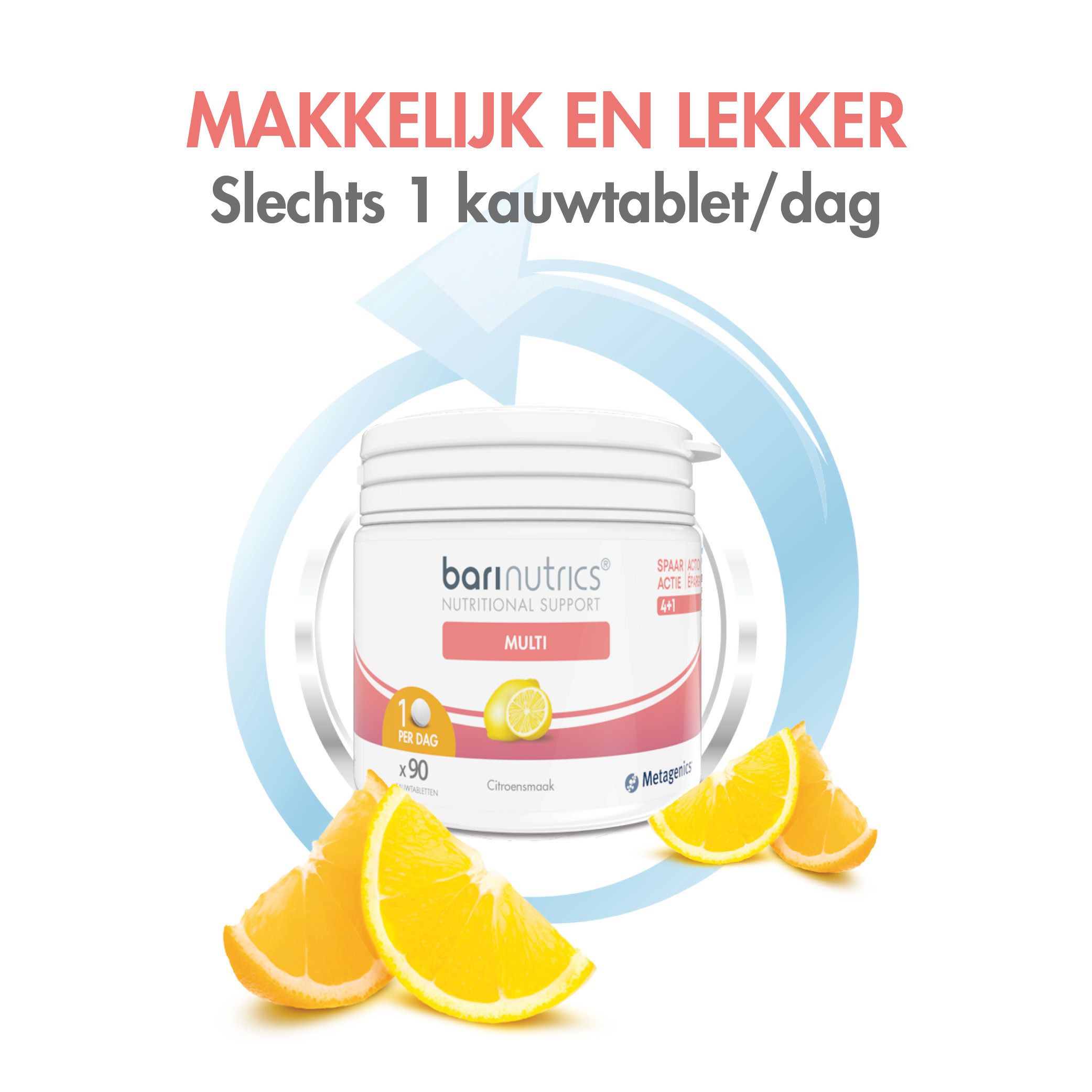 Witte pot BariNutrics Multi. Smaak citroen. 90 tabletten. Nutritionele ondersteuning. Met Metagenics.