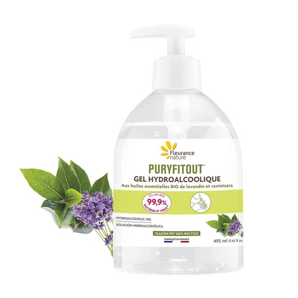 Flacon transparent avec pompe. Inscription: Puryfitout Gel Hydroalcoolique. Avec lavande et ravintsara. Avec branche de lavande.