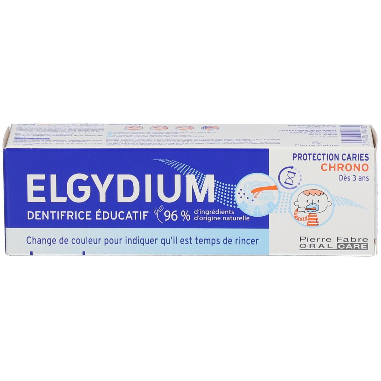 Doos ELGYDIUM CHRONO. Blauwe doos met productnaam, logo's en informatie. Voor kinderen vanaf 3 jaar.