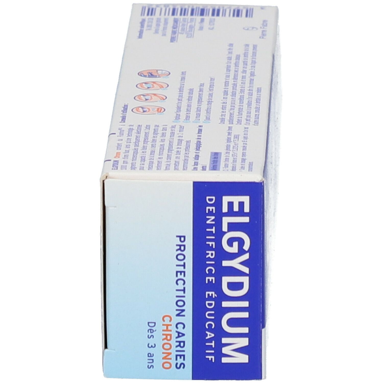 Zijaanzicht van de doos ELGYDIUM CHRONO. Blauwe doos met productnaam en informatie. Voor kinderen vanaf 3 jaar.
