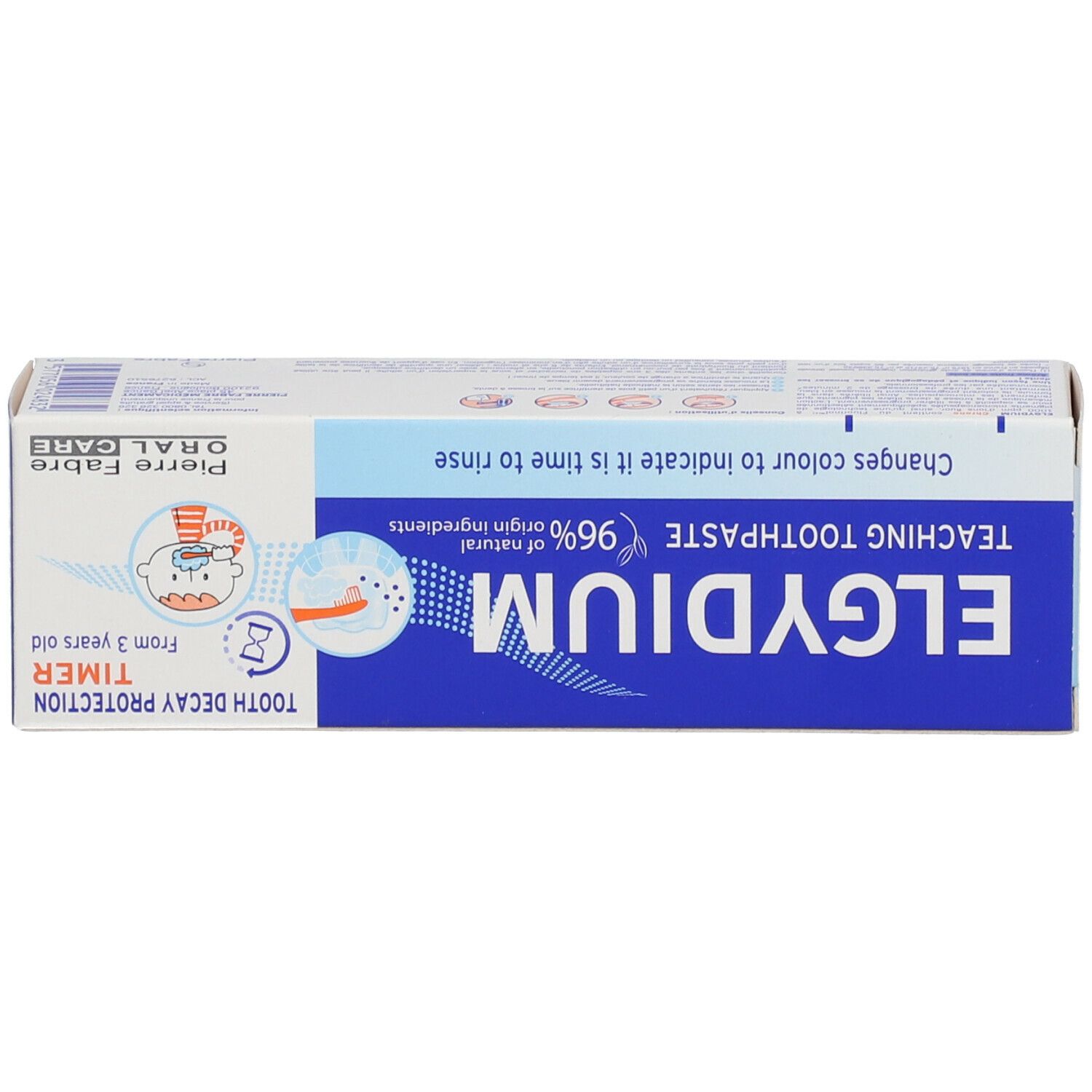 Doos ELGYDIUM CHRONO. Blauwe doos met productnaam, logo's en informatie. Voor kinderen vanaf 3 jaar.