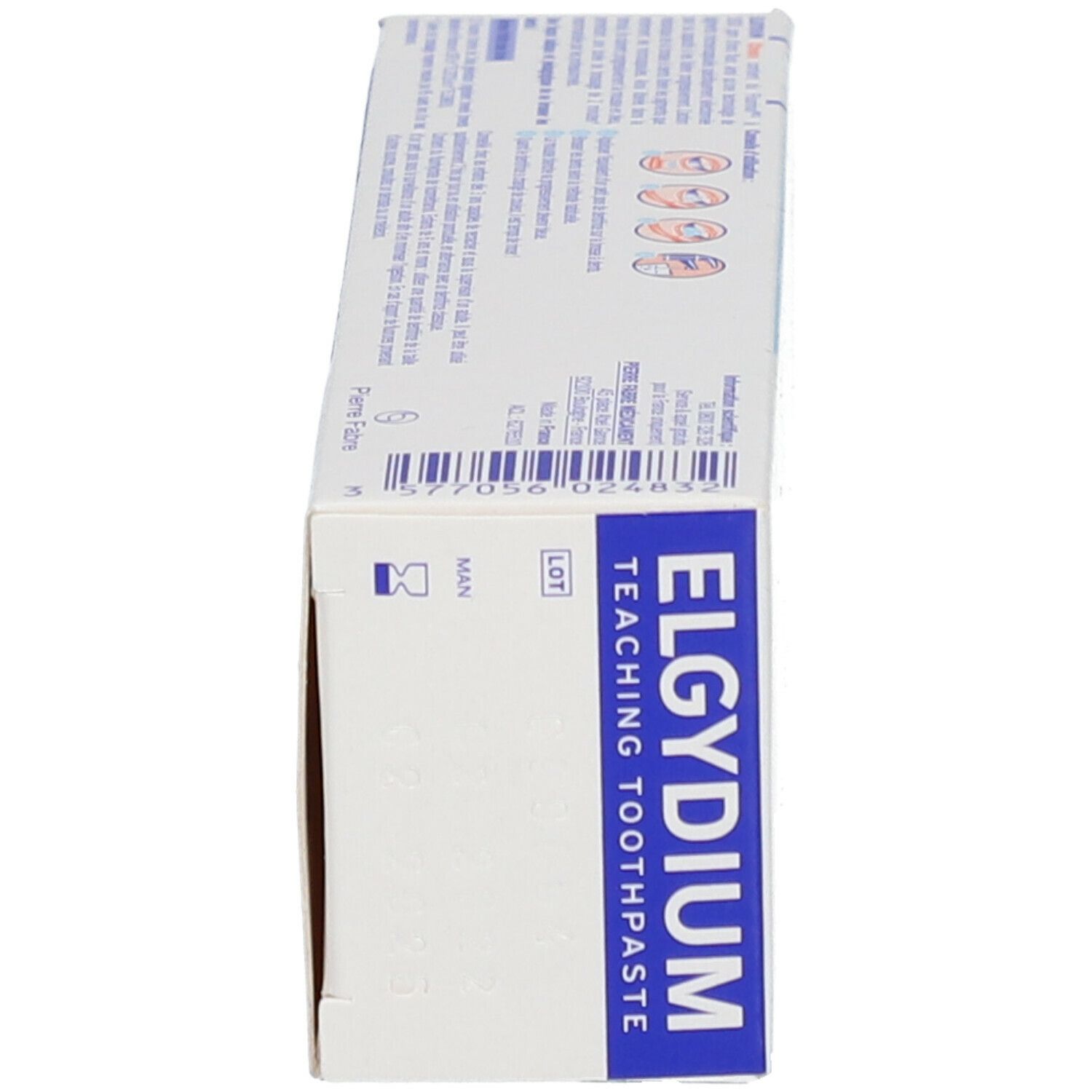 Zijaanzicht van de doos ELGYDIUM CHRONO. Blauwe doos met productnaam en informatie. Voor kinderen vanaf 3 jaar.