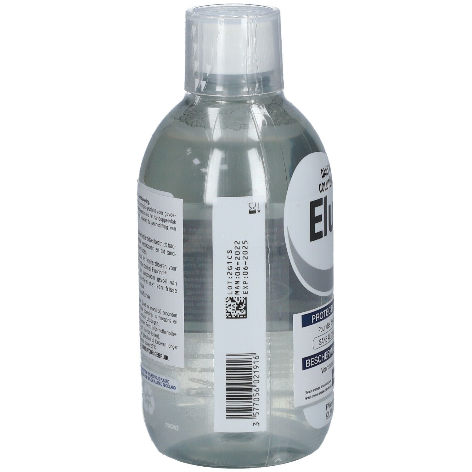 Vue arrière de la bouteille de bain de bouche. Une étiquette avec code-barres et informations. Le bouchon est blanc.