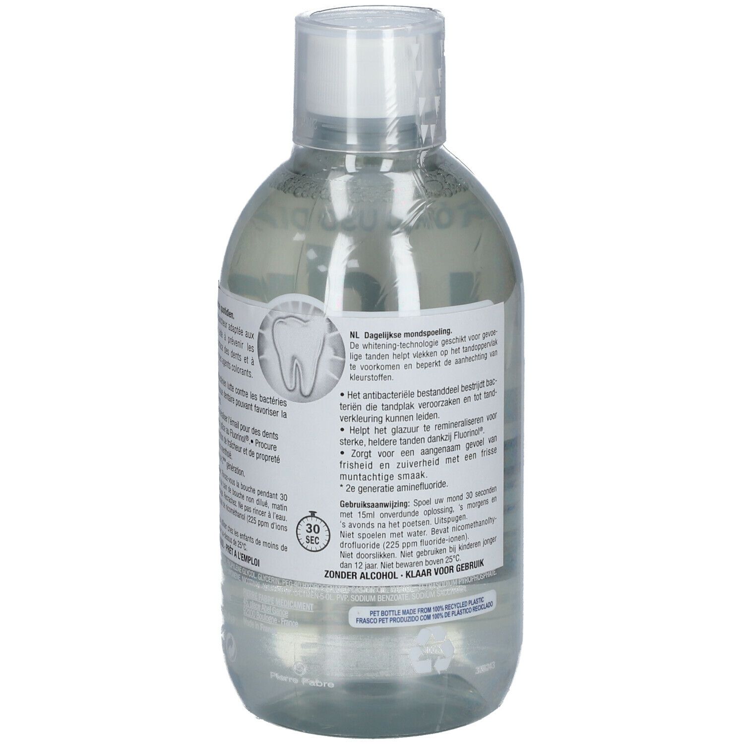 Vue arrière de la bouteille de bain de bouche avec texte. Le bouchon est blanc. Informations d'utilisation sur l'étiquette.