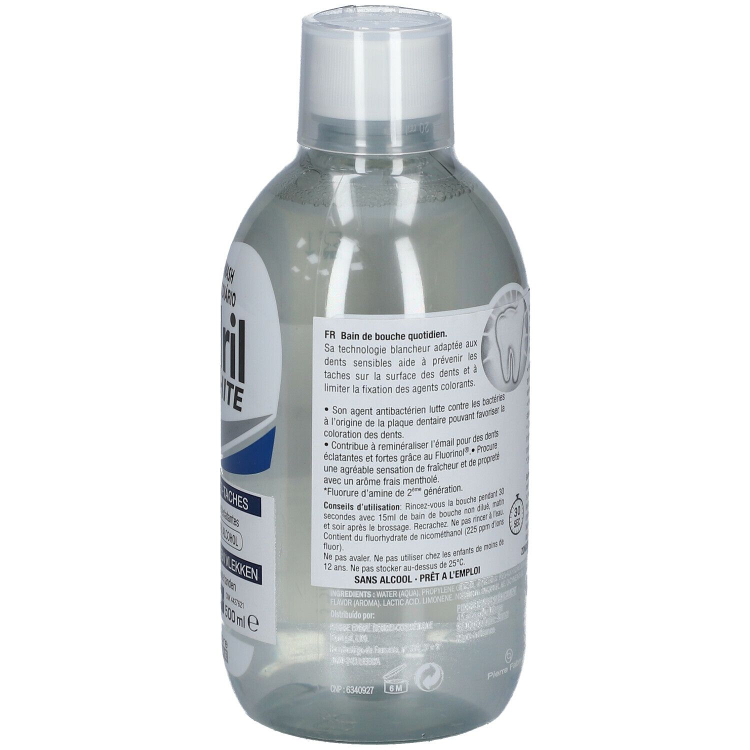 Vue arrière de la bouteille de bain de bouche avec texte. Le bouchon est blanc. Informations d'utilisation sur l'étiquette.