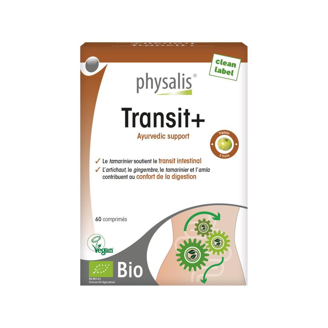 Boîte de Physalis Transit+ Bio. Contient 60 comprimés. Label Bio et illustration du système digestif.