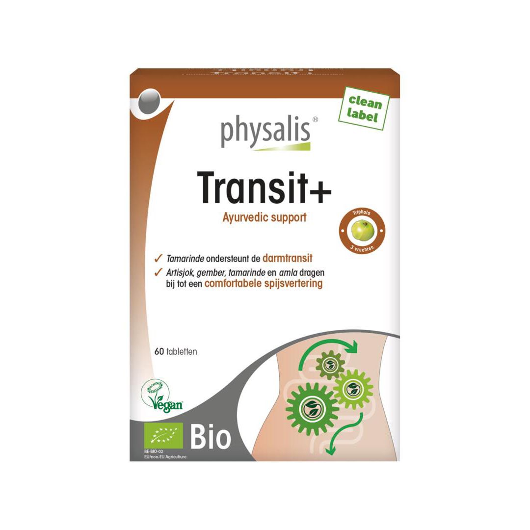 Doos Physalis Transit+ Bio. Bevat 60 tabletten. Bio-label en illustratie van het spijsverteringsstelsel.