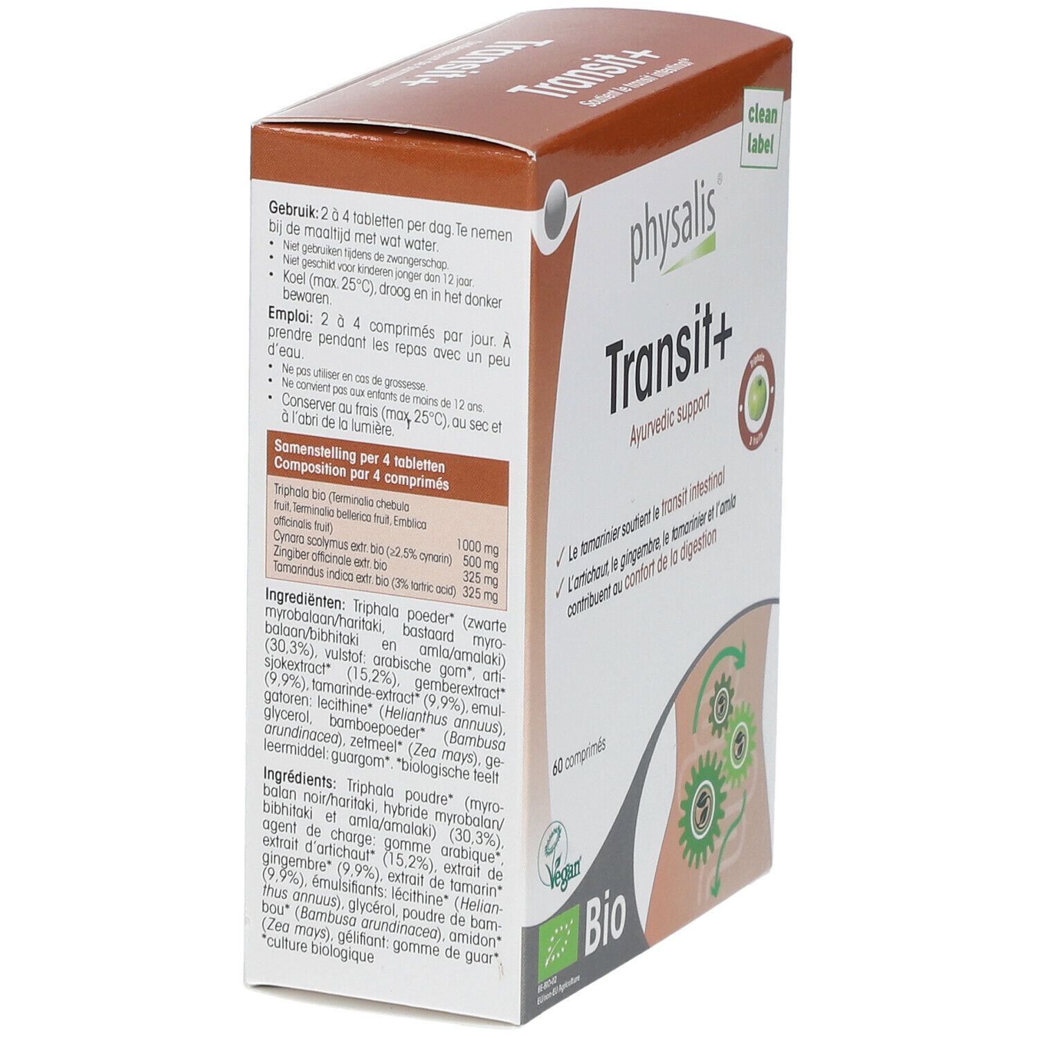Verpakking Physalis Transit+ Bio. Bevat 60 tabletten. Achterkant met ingrediënten en dosering.