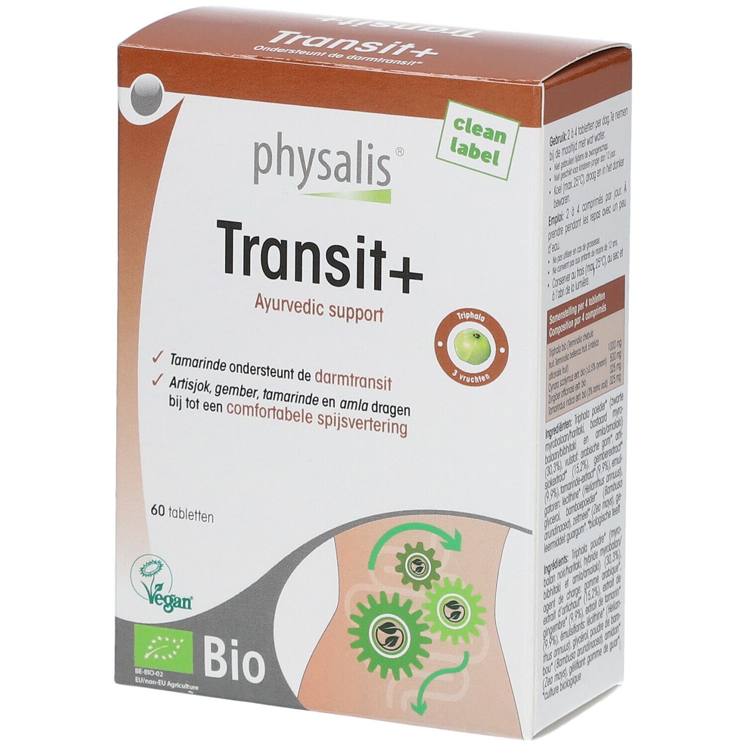 Doos Physalis Transit+ Bio. Bevat 60 tabletten. Bio-label en illustratie van het spijsverteringsstelsel.
