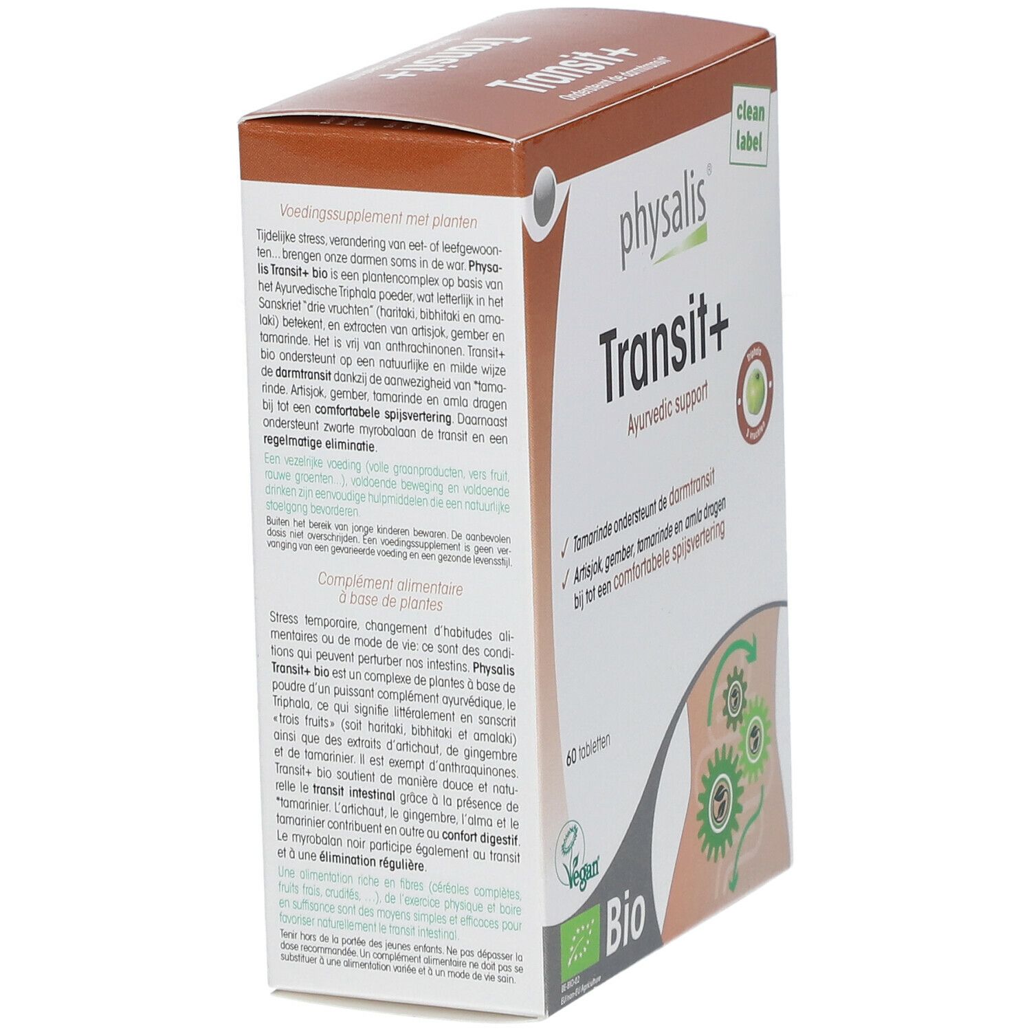 Doos Physalis Transit+ Bio. Bevat 60 tabletten. Bio-label en illustratie van het spijsverteringsstelsel.