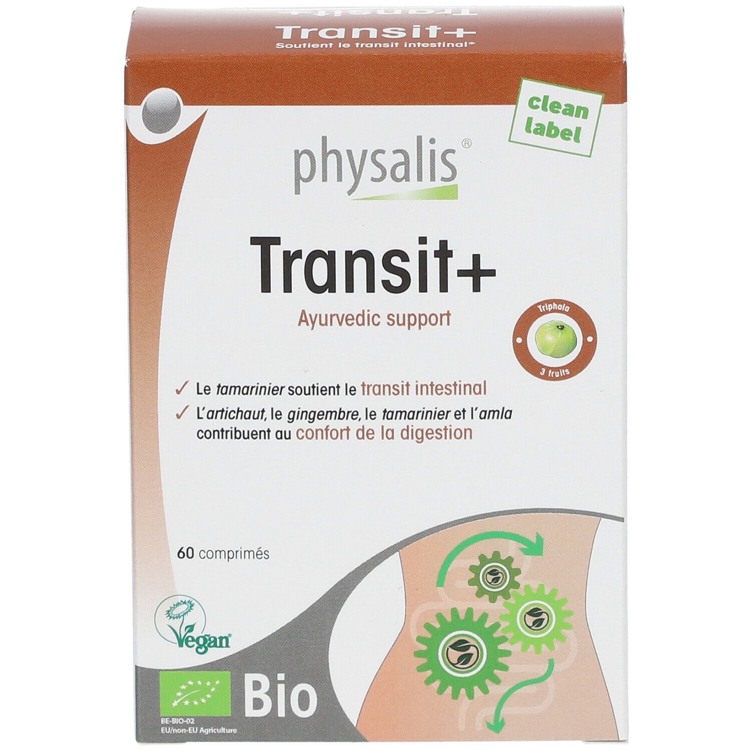 Doos Physalis Transit+ Bio. Bevat 60 tabletten. Bio-label en illustratie van het spijsverteringsstelsel.