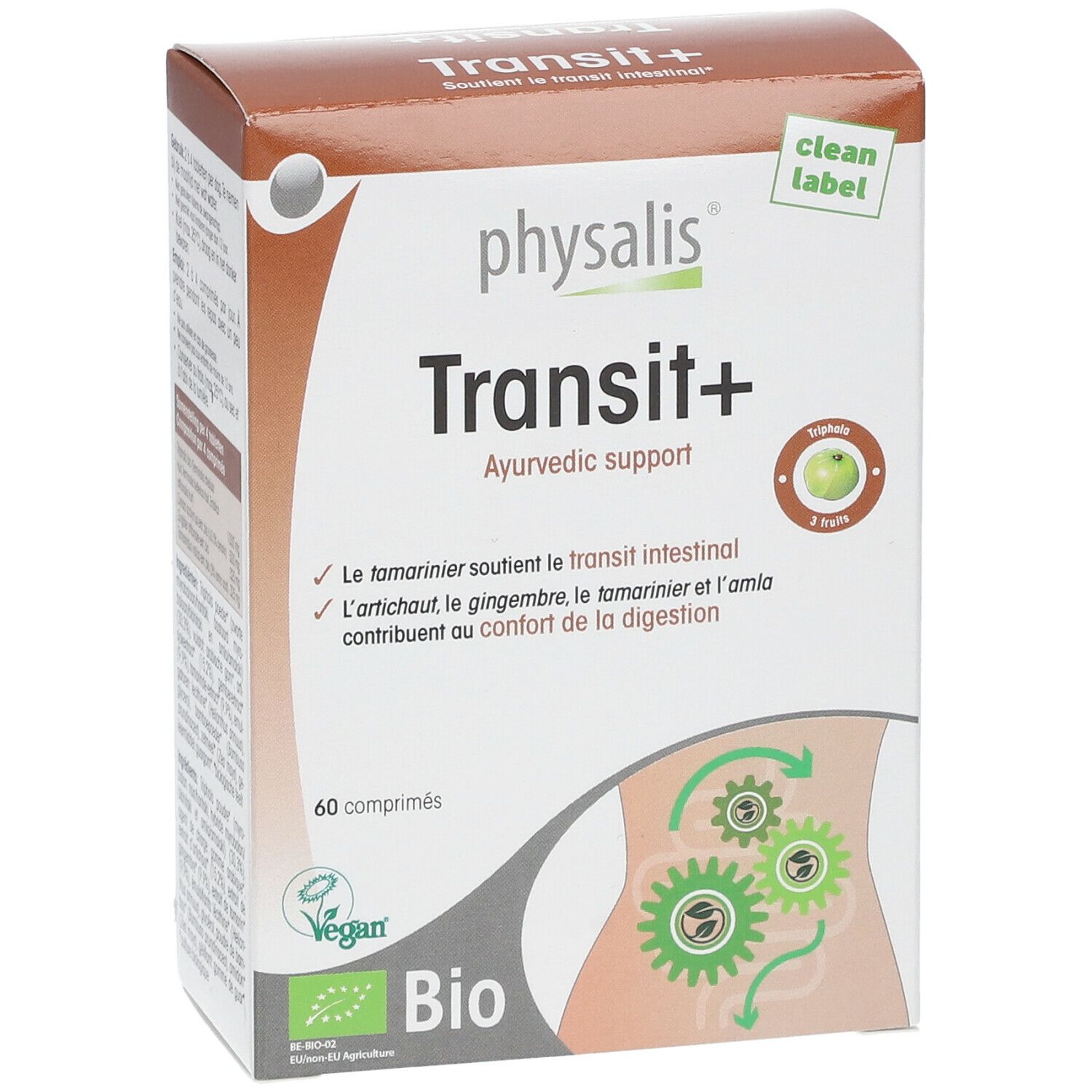 Doos Physalis Transit+ Bio. Bevat 60 tabletten. Bio-label en illustratie van het spijsverteringsstelsel.