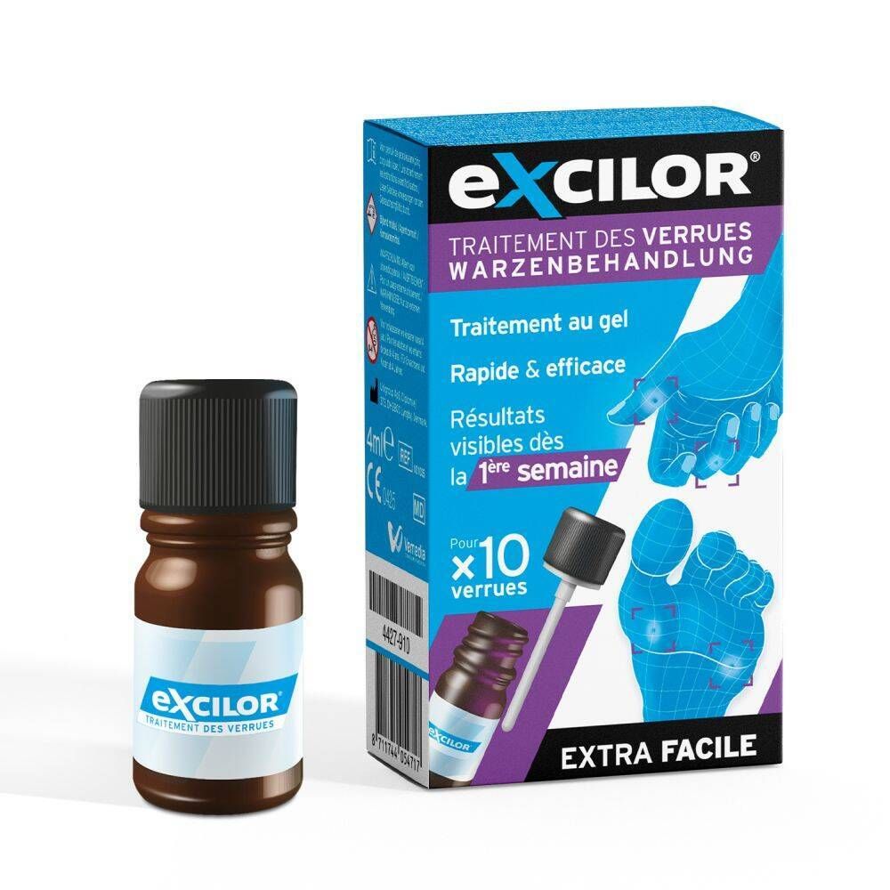 Emballage et flacon. Inscription: Excilor, traitement des verrues. Contient 4 ml.