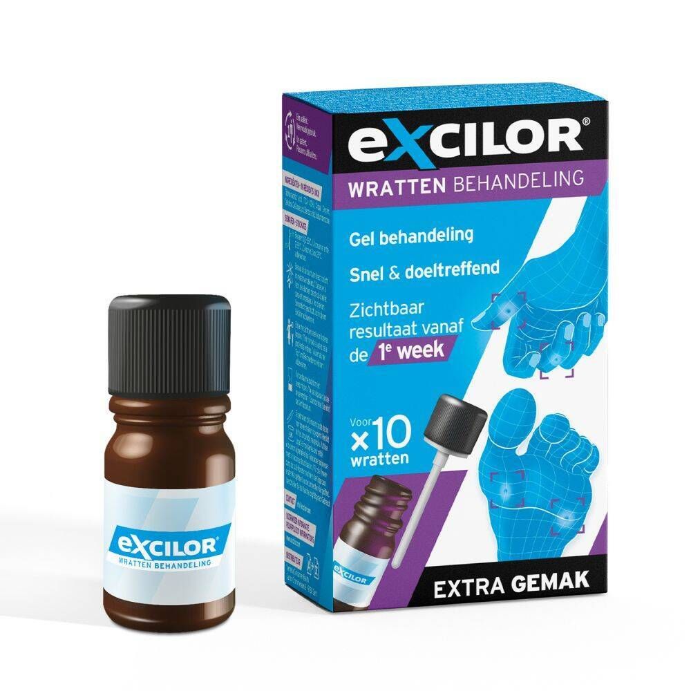 Verpakking en fles. Opschrift: Excilor, wratten behandeling. Bevat 4 ml.