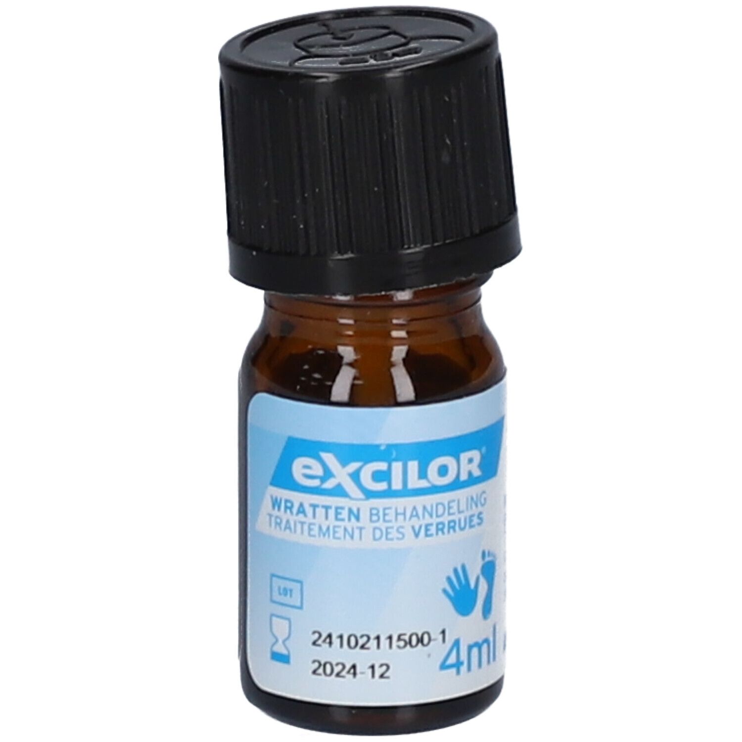 Flacon brun avec bouchon noir. Inscription: Excilor, traitement des verrues. Contient 4 ml.