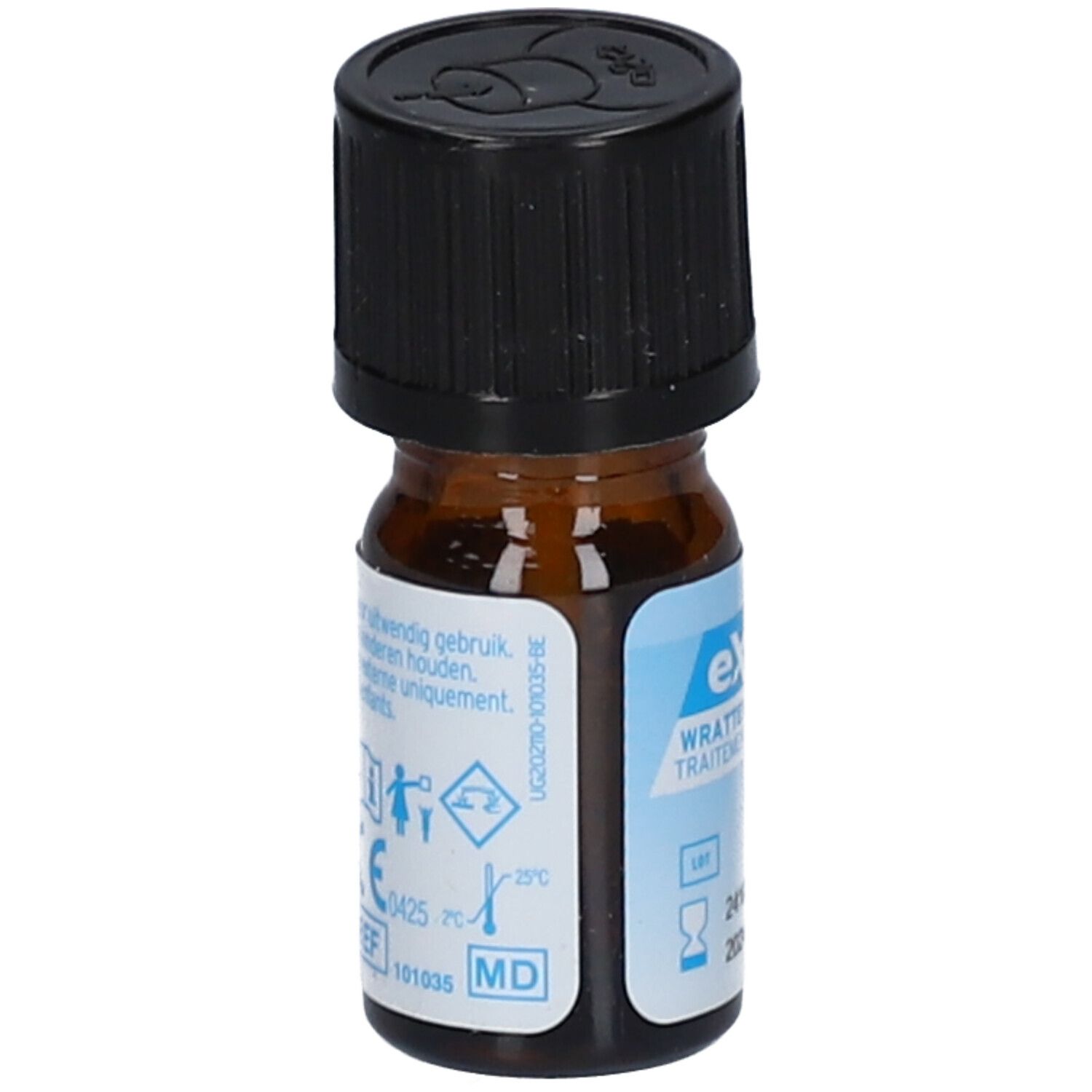 Flacon brun avec bouchon noir. Inscription: Excilor, traitement des verrues. Contient 4 ml.