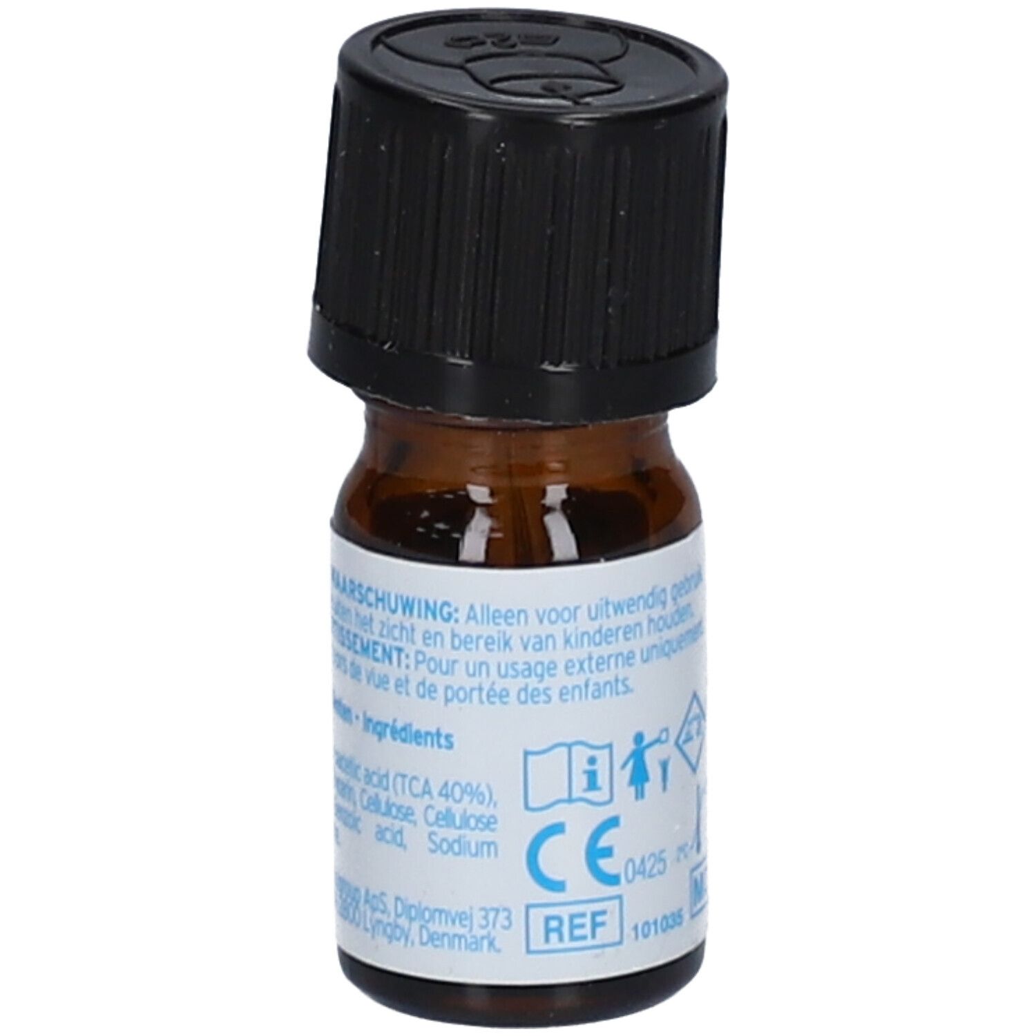 Flacon brun avec bouchon noir. Inscription: Excilor, traitement des verrues. Contient 4 ml.