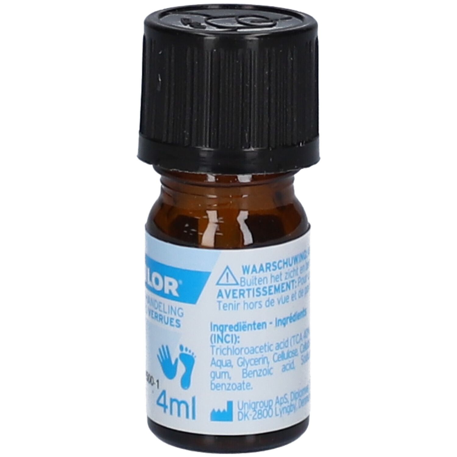 Flacon brun avec bouchon noir. Inscription: Excilor, traitement des verrues. Contient 4 ml.