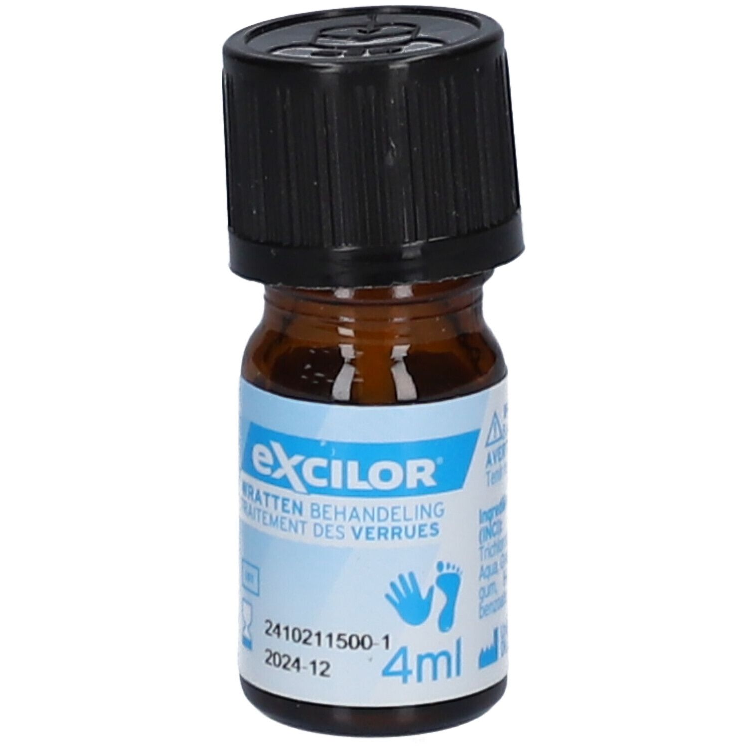Flacon brun avec bouchon noir. Inscription: Excilor, traitement des verrues. Contient 4 ml.