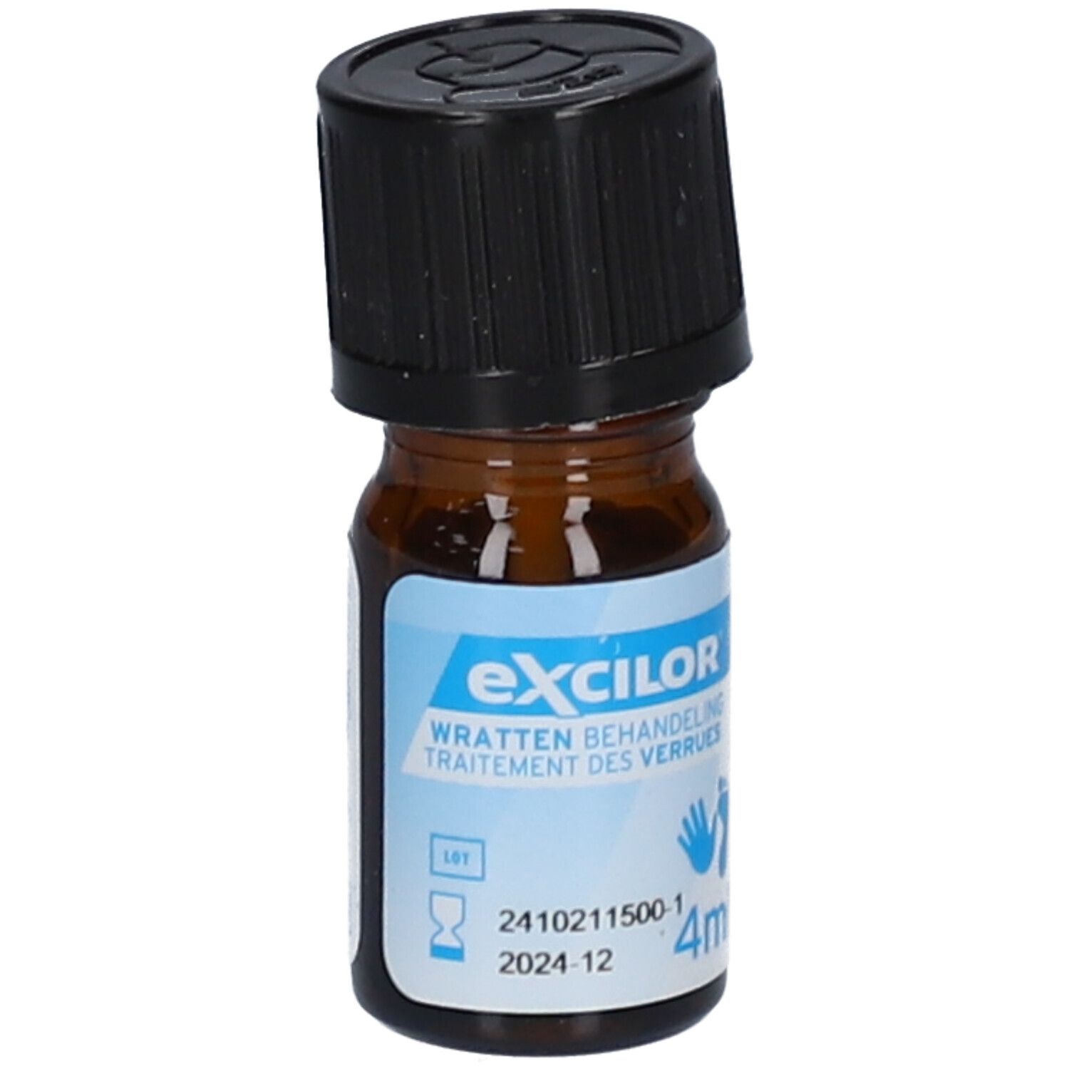 Flacon brun avec bouchon noir. Inscription: Excilor, traitement des verrues. Contient 4 ml.