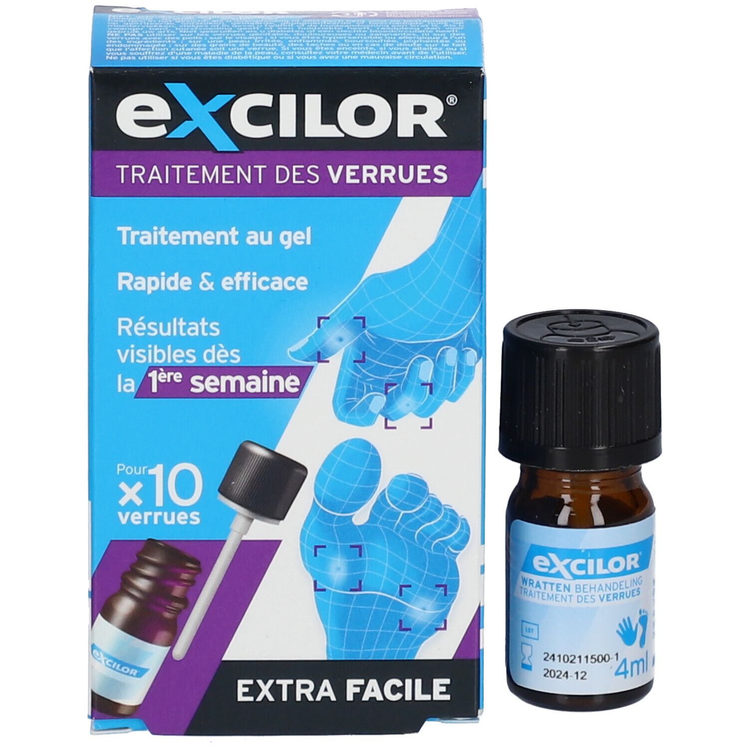 Flacon brun avec bouchon noir et emballage. Inscription: Excilor, traitement des verrues. Contient 4 ml.