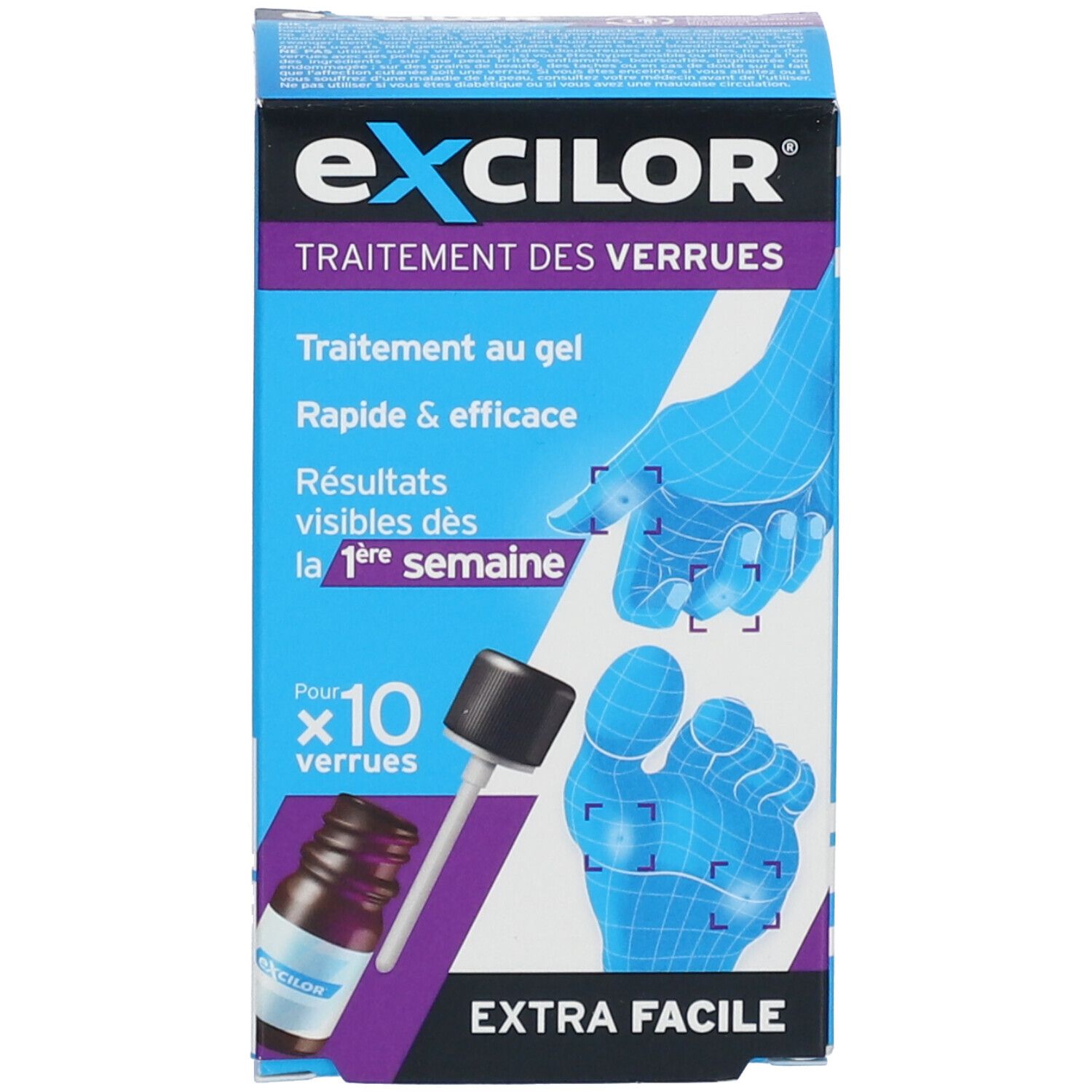 Emballage et flacon. Inscription: Excilor, traitement des verrues. Contient 4 ml.
